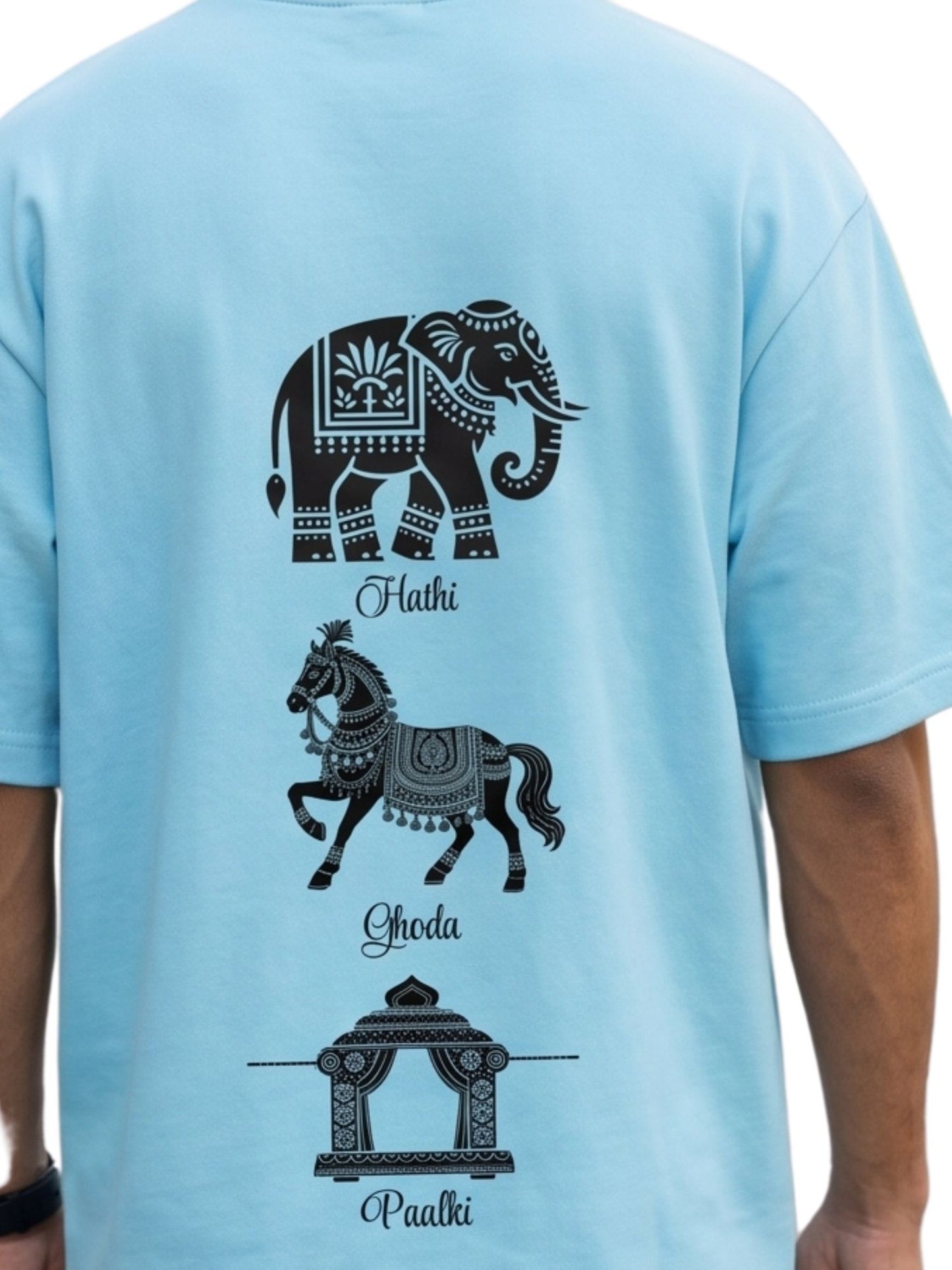 Dunbond label White Oversize T-Shirt // Hathi, Ghoda and palki