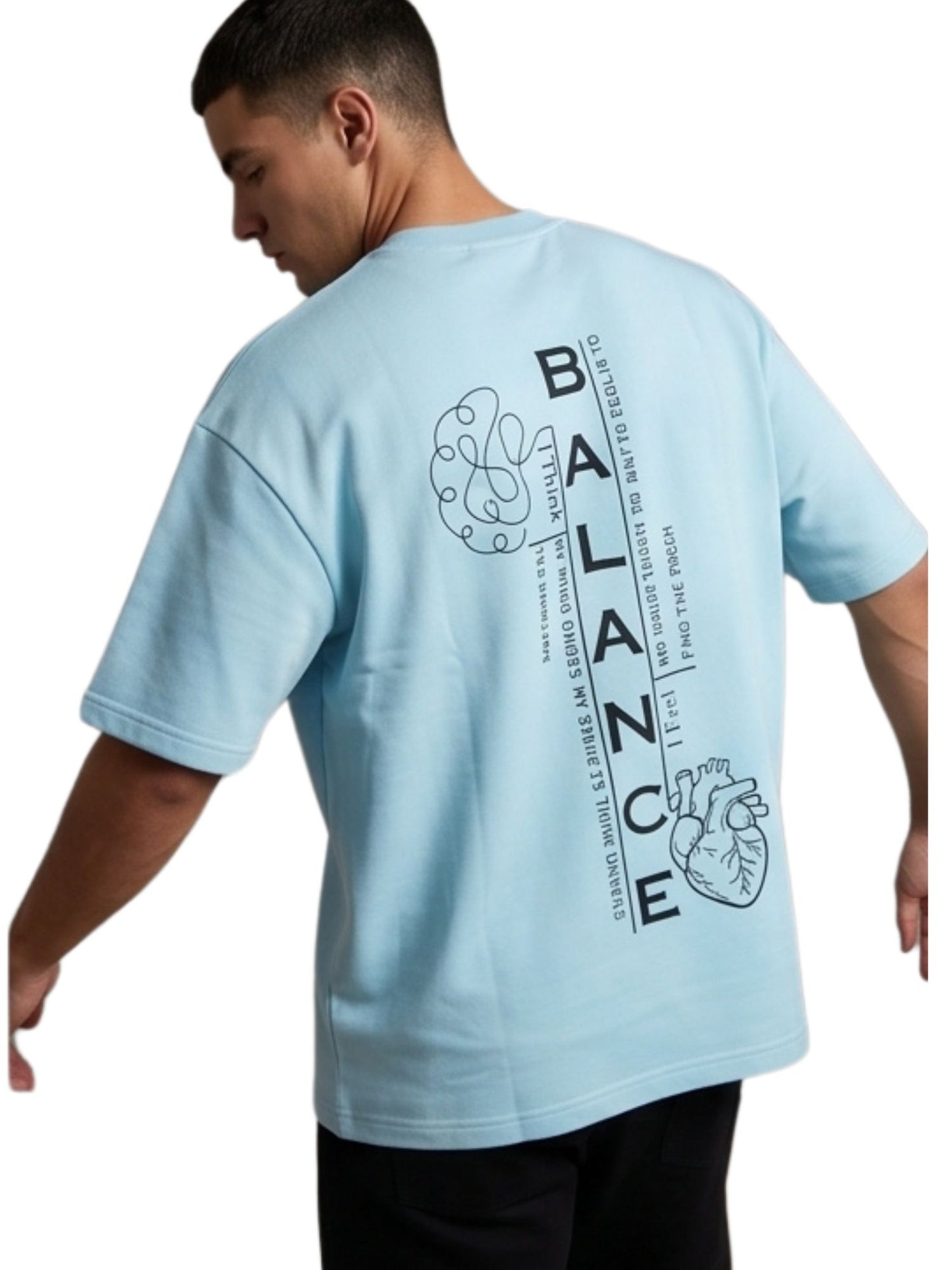 Dunbond label Beige and pastel blue Oversized T-Shirt// Typography BALANCED between Mind and Heart