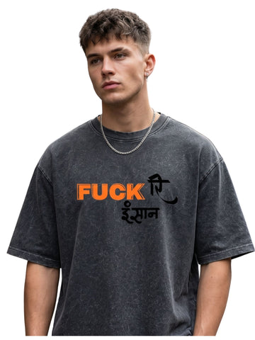 Dunbond Label "Fuck Insan" Graphic Acid Washed Oversized T-Shirt for Men