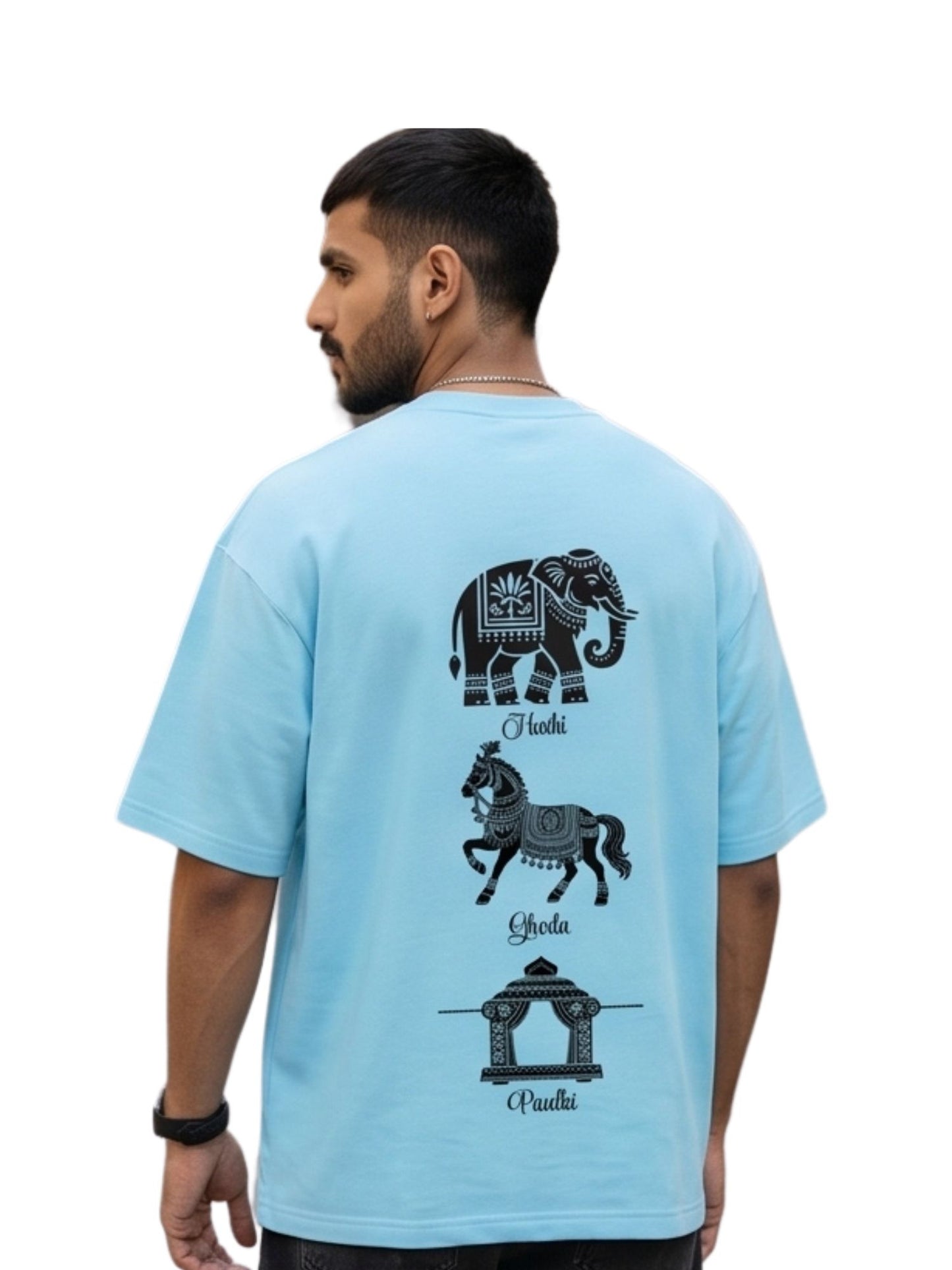 Dunbond label White Oversize T-Shirt // Hathi, Ghoda and palki