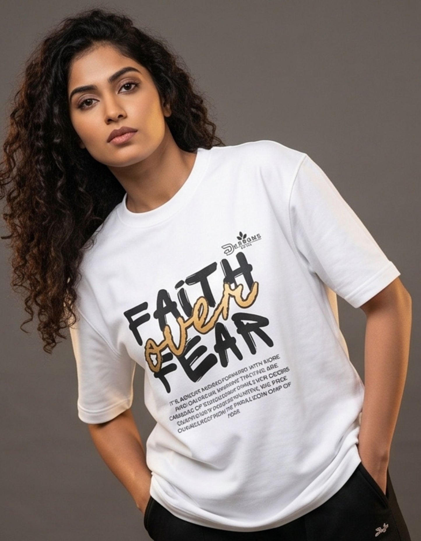 Dunbond label Black and white Oversize T-Shirt // Faith over Fear typography
