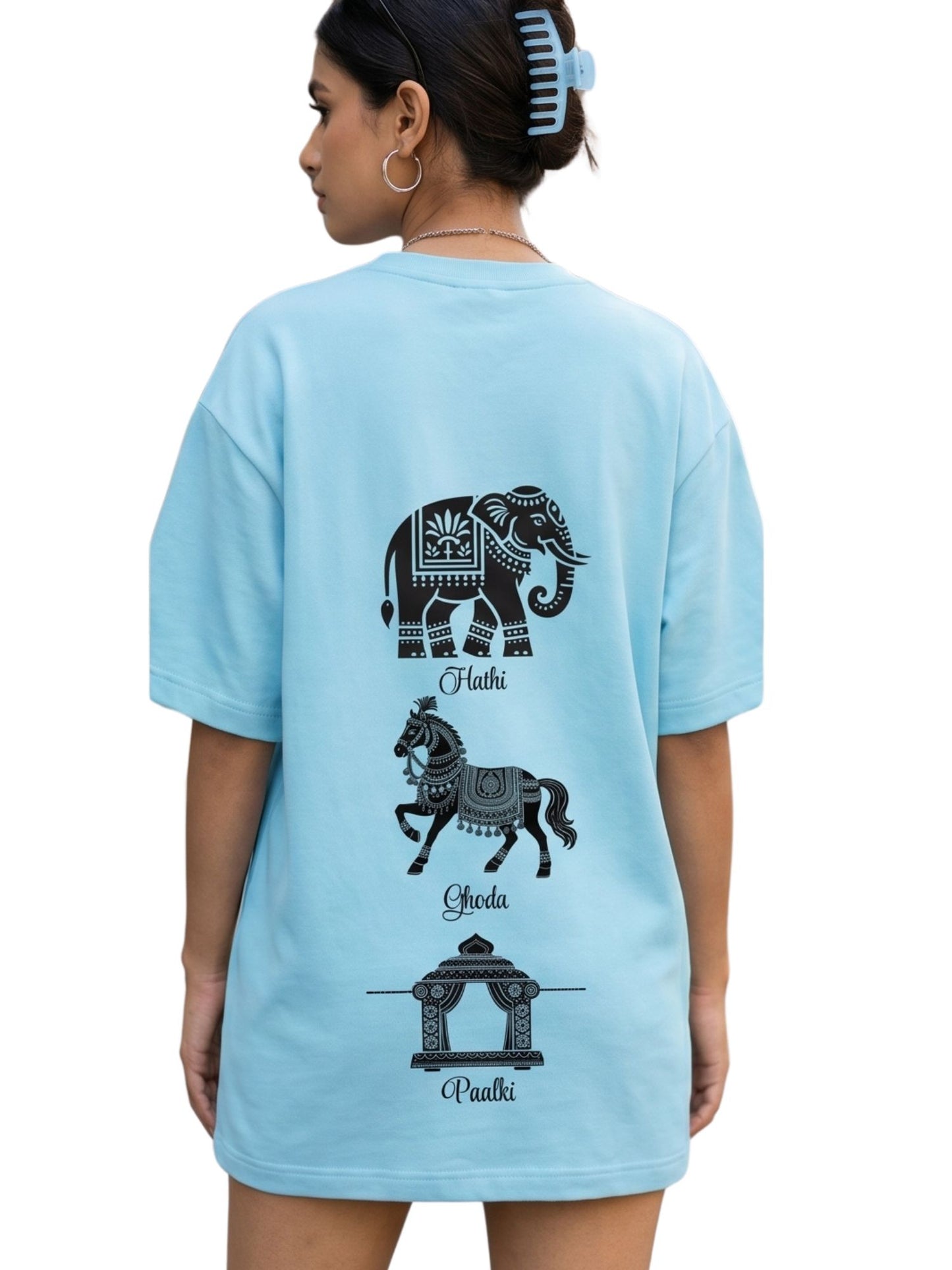 Dunbond label White Oversize T-Shirt // Hathi, Ghoda and palki
