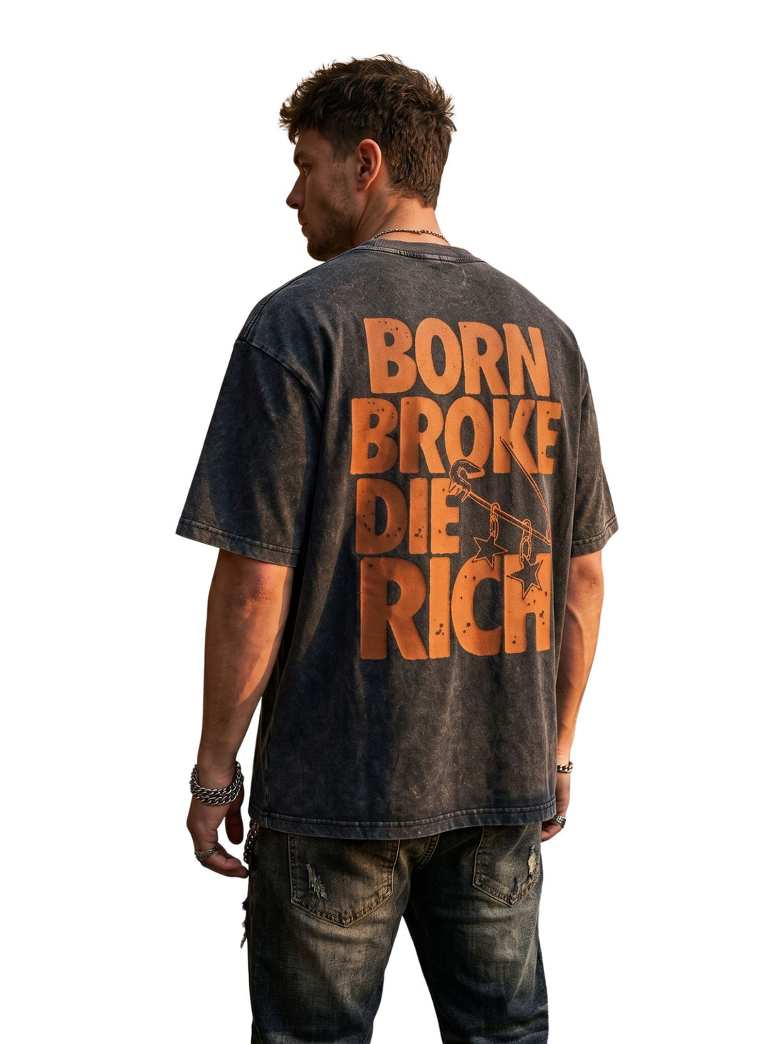 Dunbond Label "Born Broke Die Rich" Acid Washed Oversized T-Shirt Men