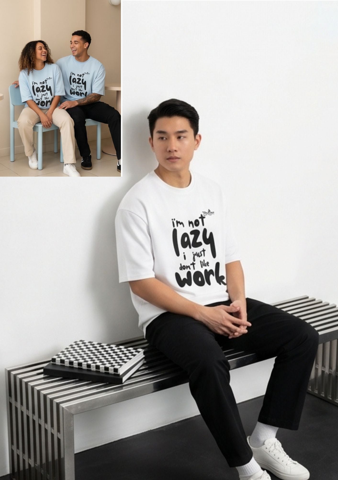 Dunbond label White Oversize T-Shirt//I am not lazy Typography