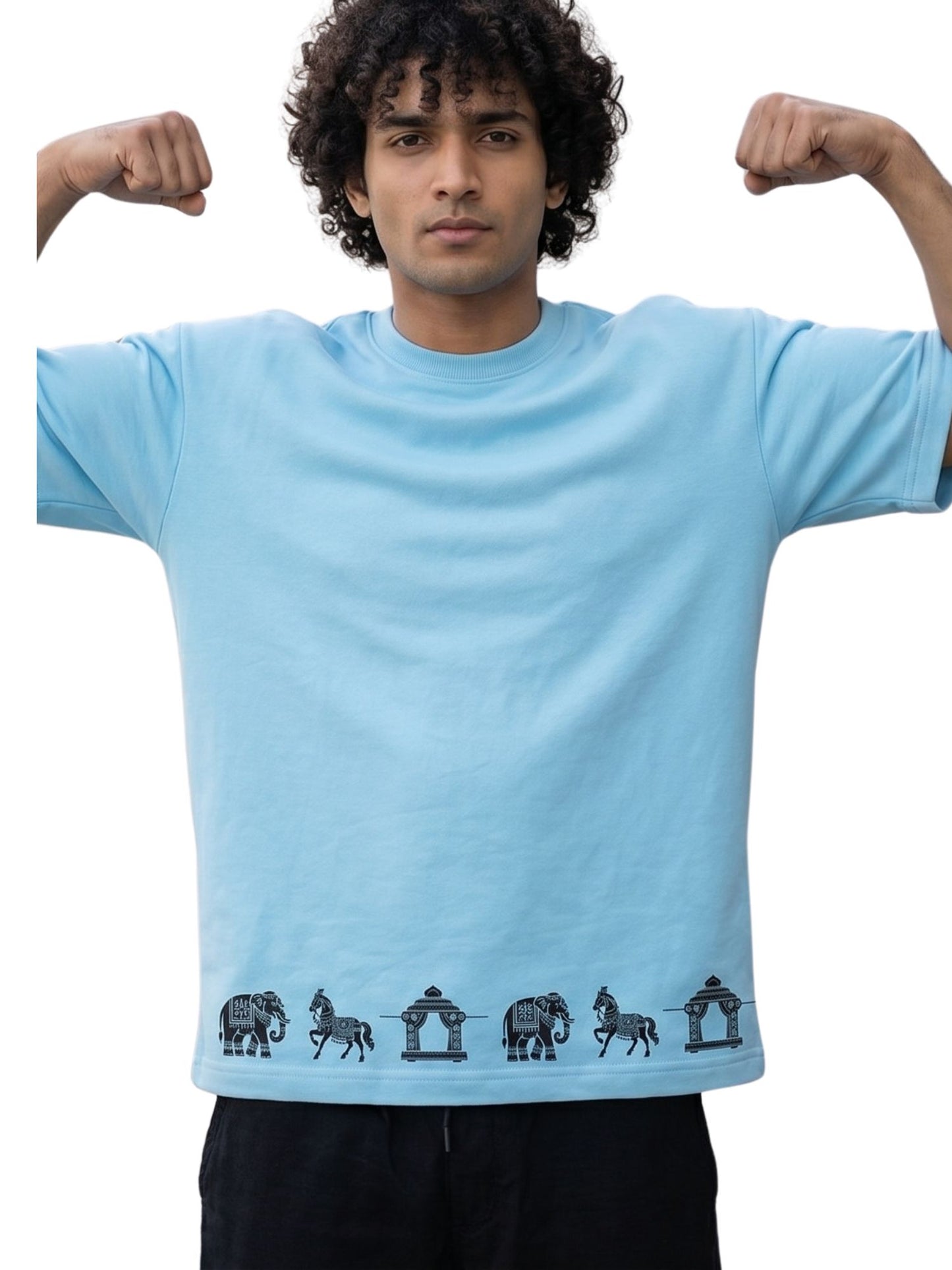 Dunbond label White Oversize T-Shirt // Hathi, Ghoda and palki