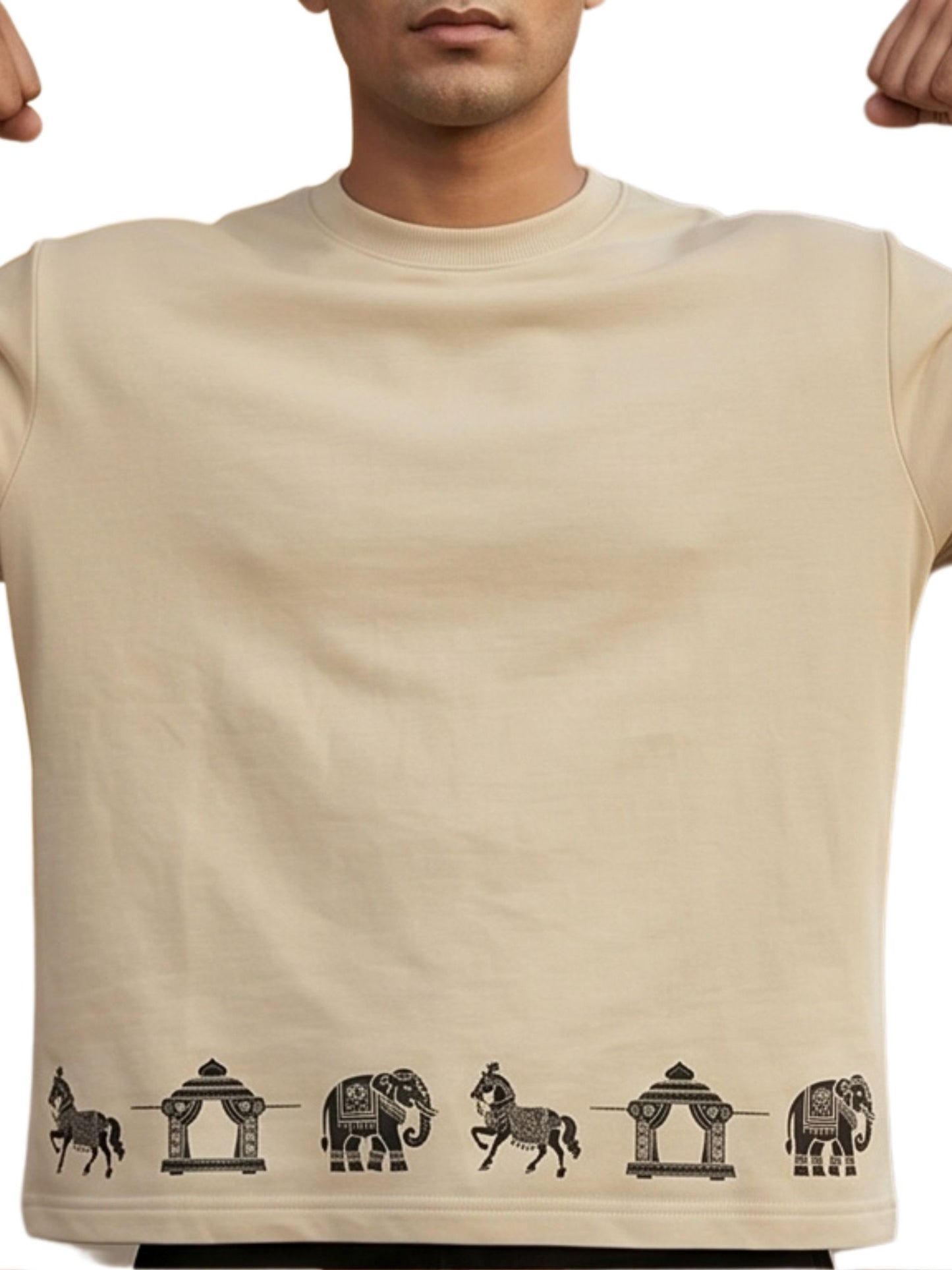 Dunbond label White Oversize T-Shirt // Hathi, Ghoda and palki