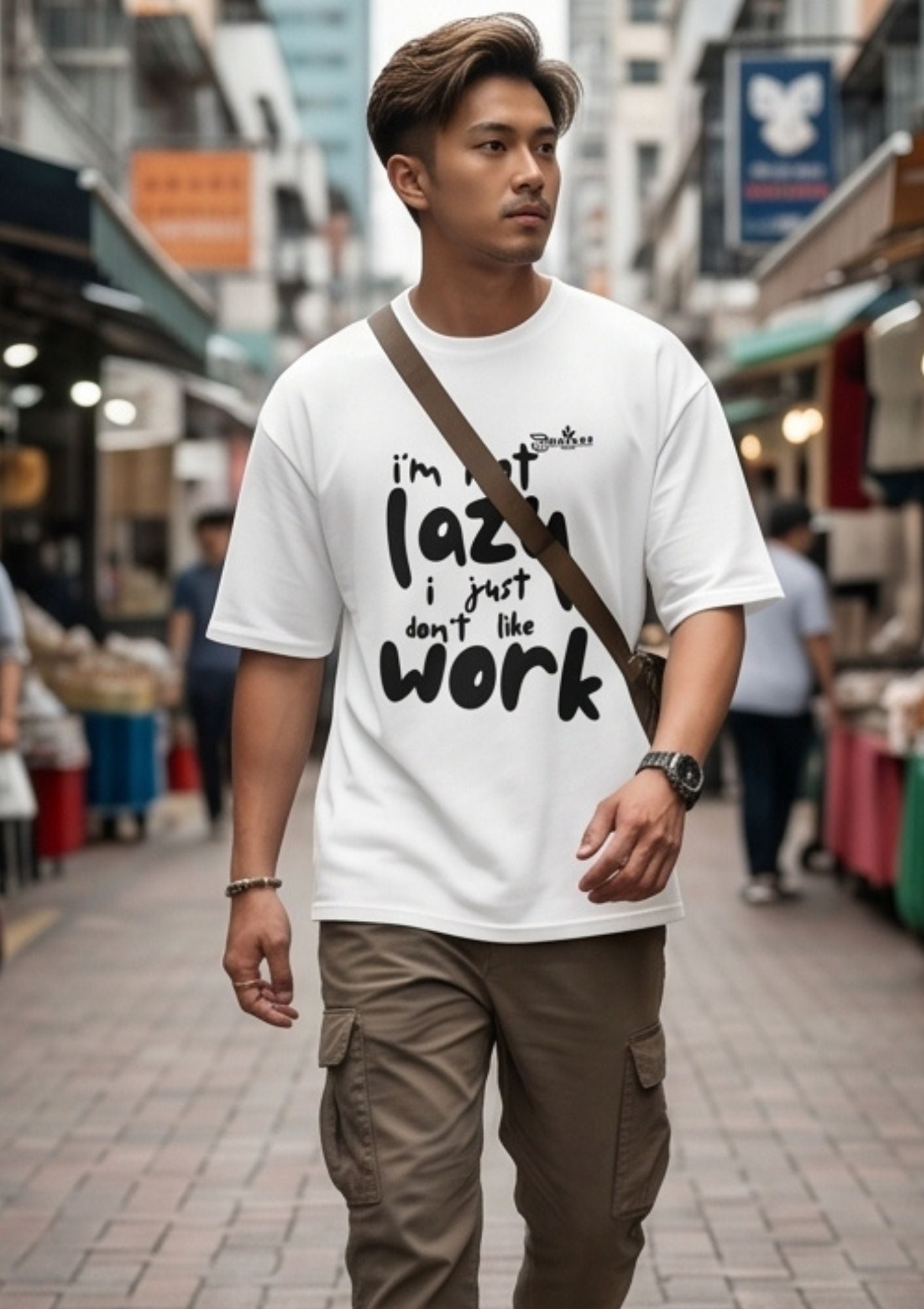 Dunbond label White Oversize T-Shirt//I am not lazy Typography