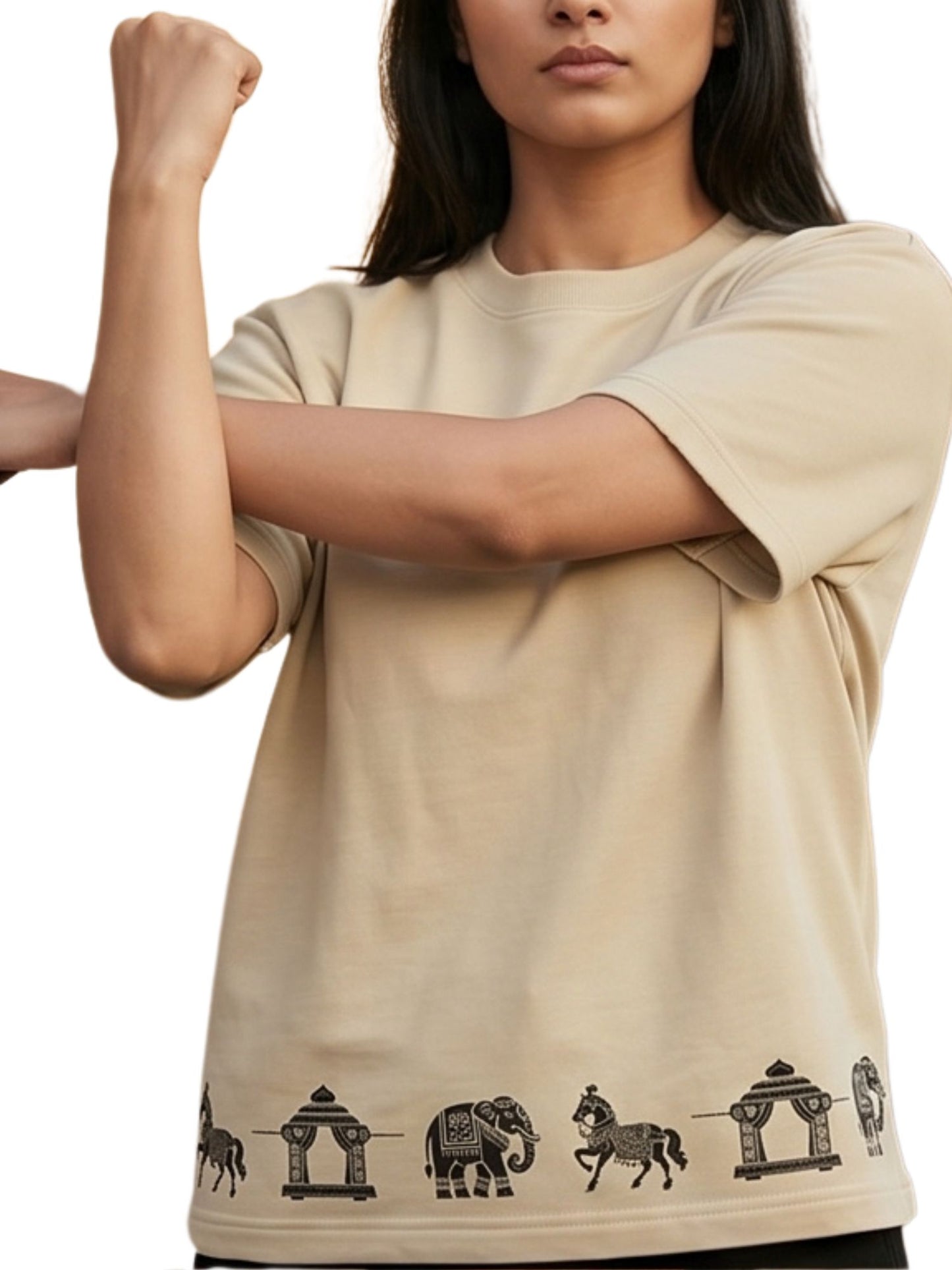 Dunbond label White Oversize T-Shirt // Hathi, Ghoda and palki