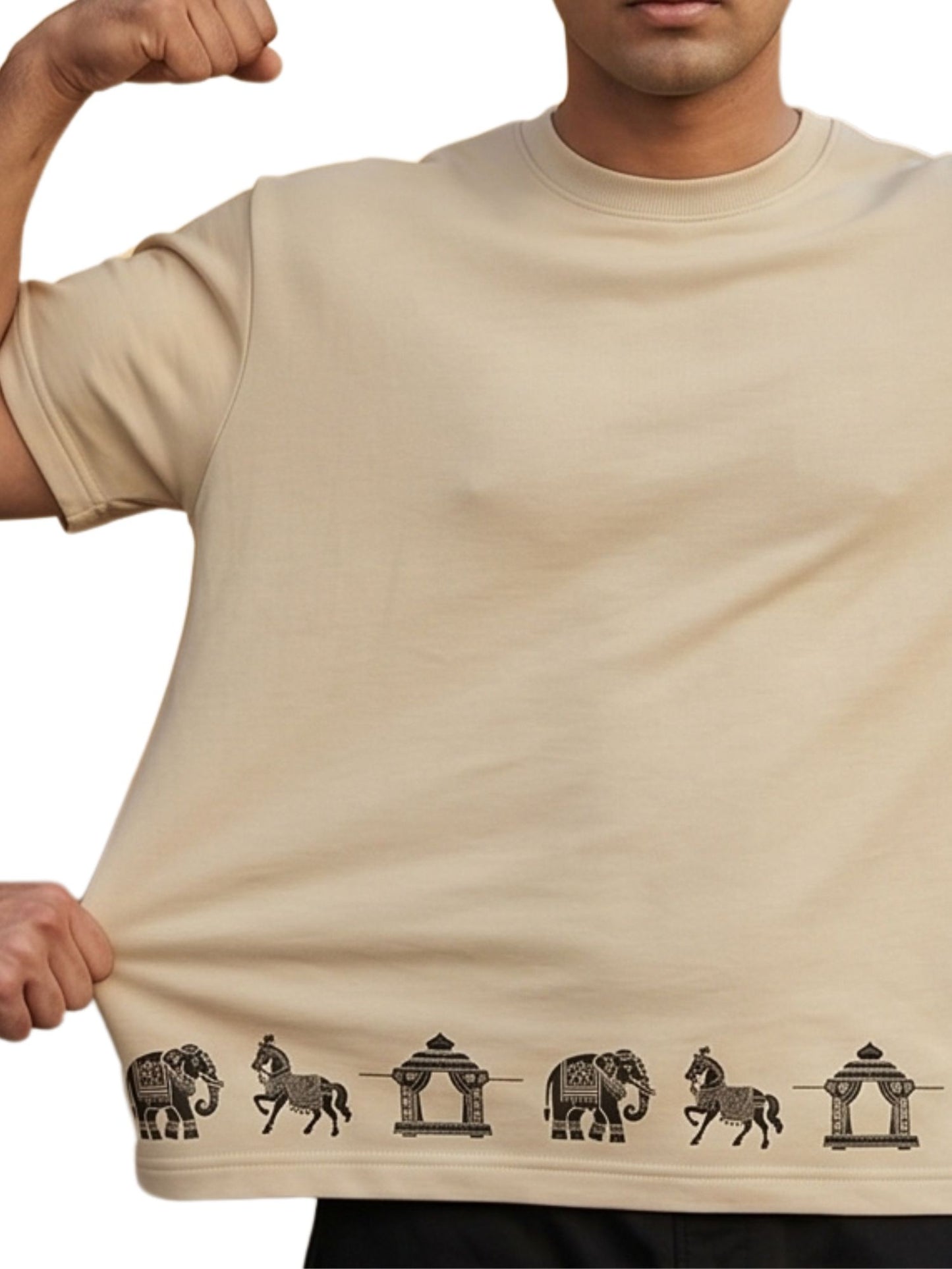 Dunbond label White Oversize T-Shirt // Hathi, Ghoda and palki