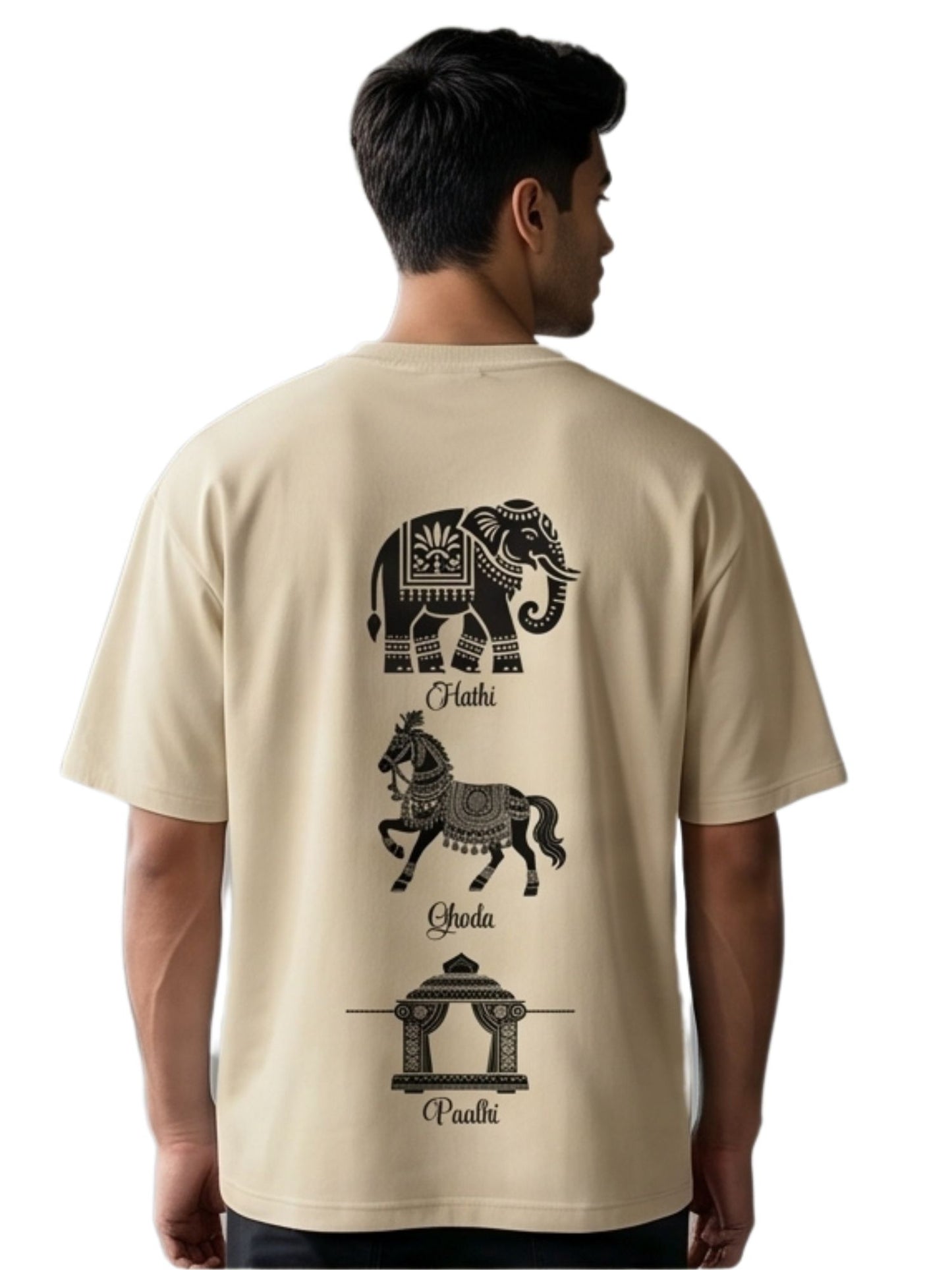 Dunbond label White Oversize T-Shirt // Hathi, Ghoda and palki