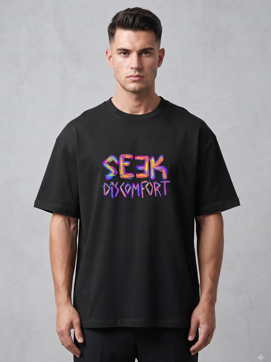 Dunbond Label "SEEK DISKOMFORT" Graphic Oversized French Terry T-Shirt for mens
