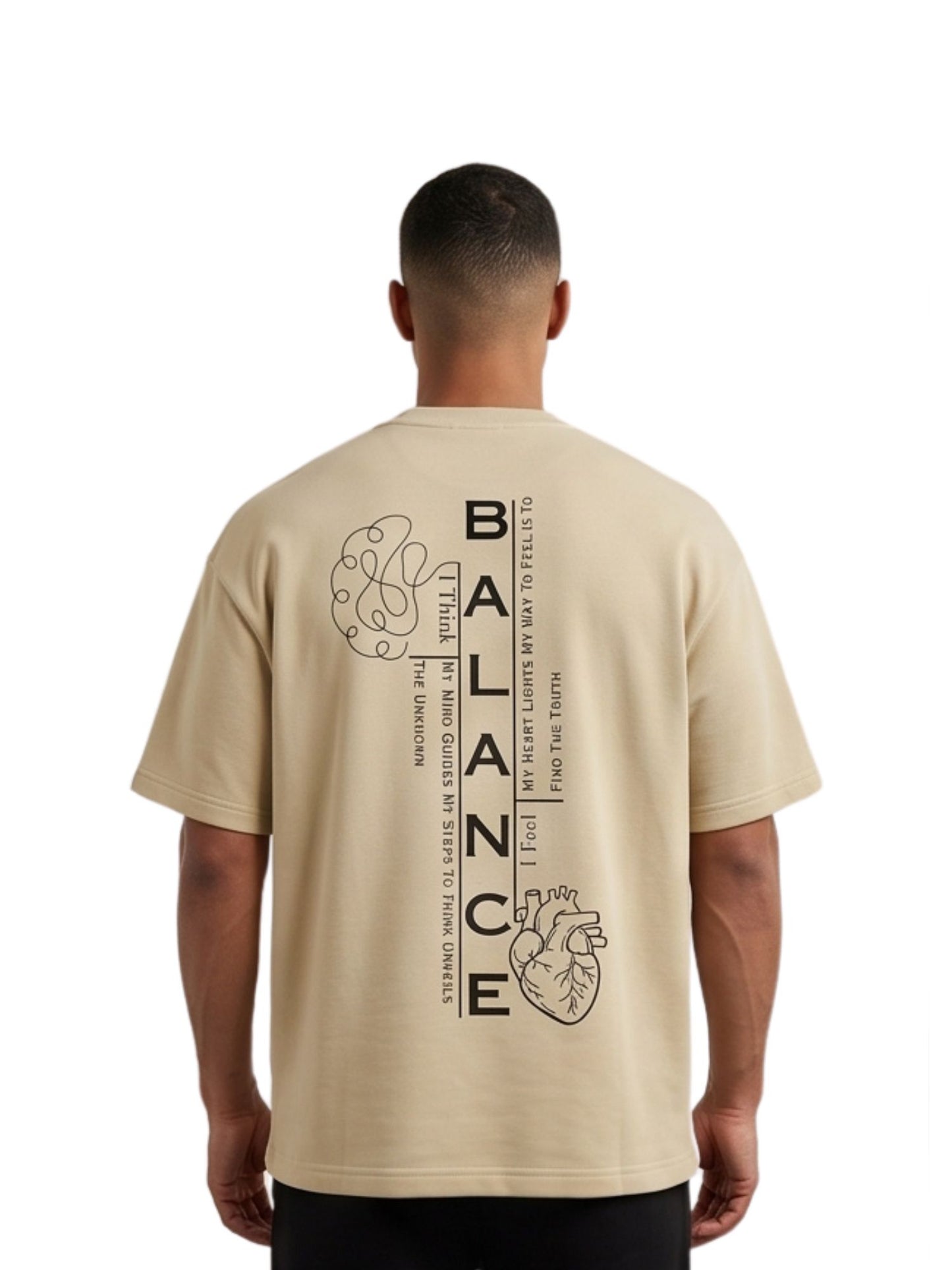 Dunbond label Beige and pastel blue Oversized T-Shirt// Typography BALANCED between Mind and Heart