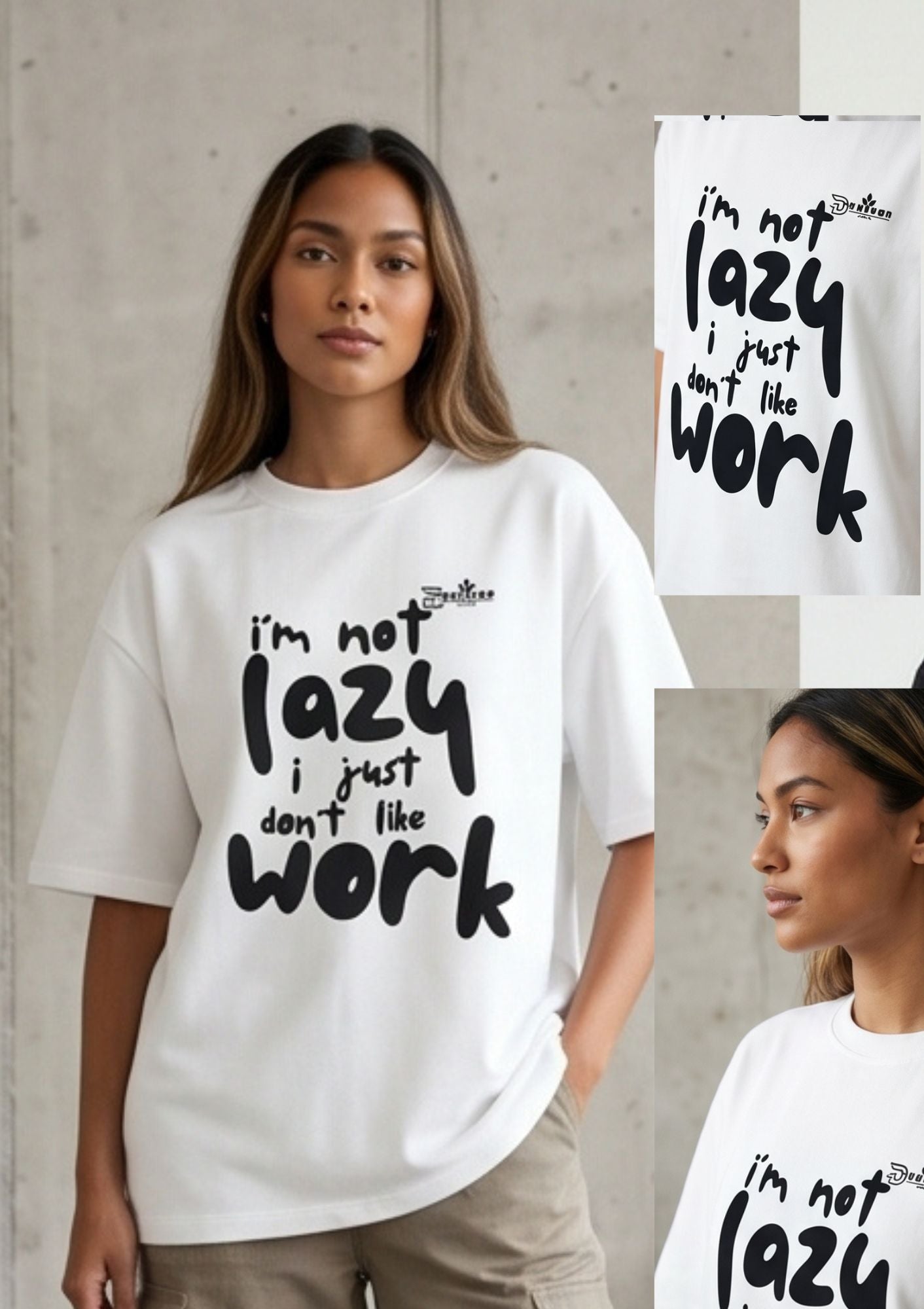 Dunbond label White Oversize T-Shirt//I am not lazy Typography