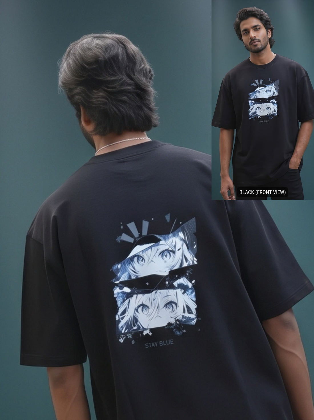 Oversize Black French terry Cotton T-Shirt// Front and back graphic Print