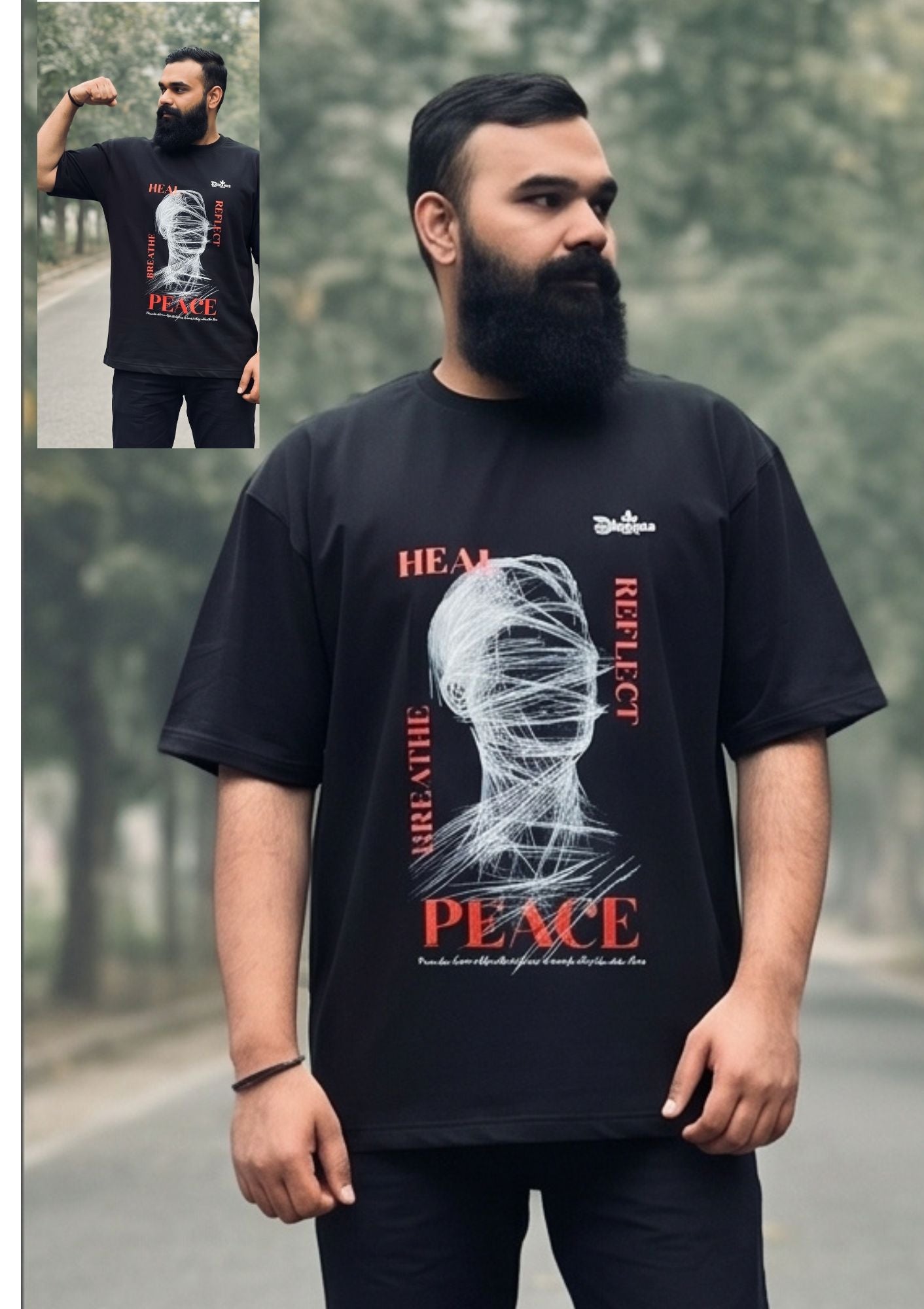 Dunbond label Black frnch terry cotton T-Shirt// Heal & peace Graphic