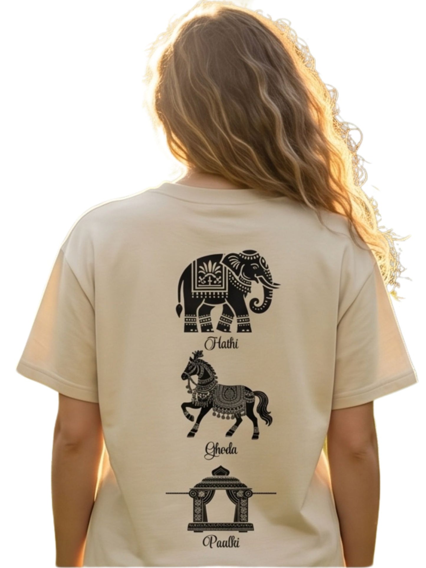 Dunbond label White Oversize T-Shirt // Hathi, Ghoda and palki