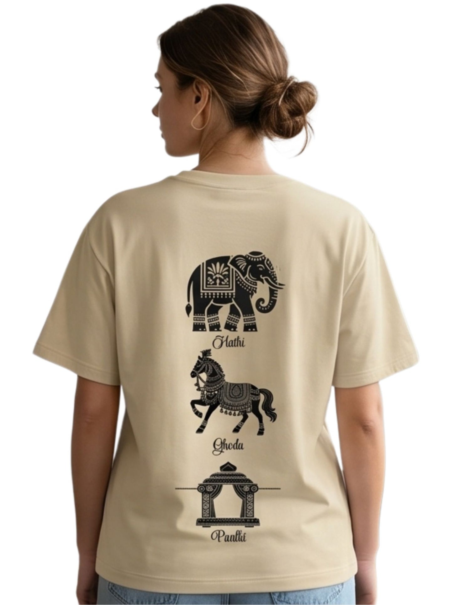 Dunbond label White Oversize T-Shirt // Hathi, Ghoda and palki