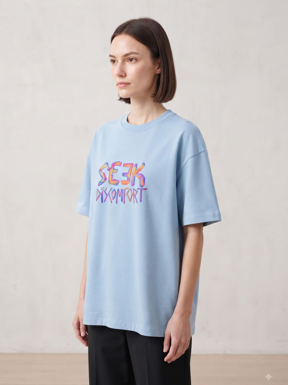 Dunbond Label "SEEK DISKOMFORT" Graphic Oversized French Terry T-Shirt   for female