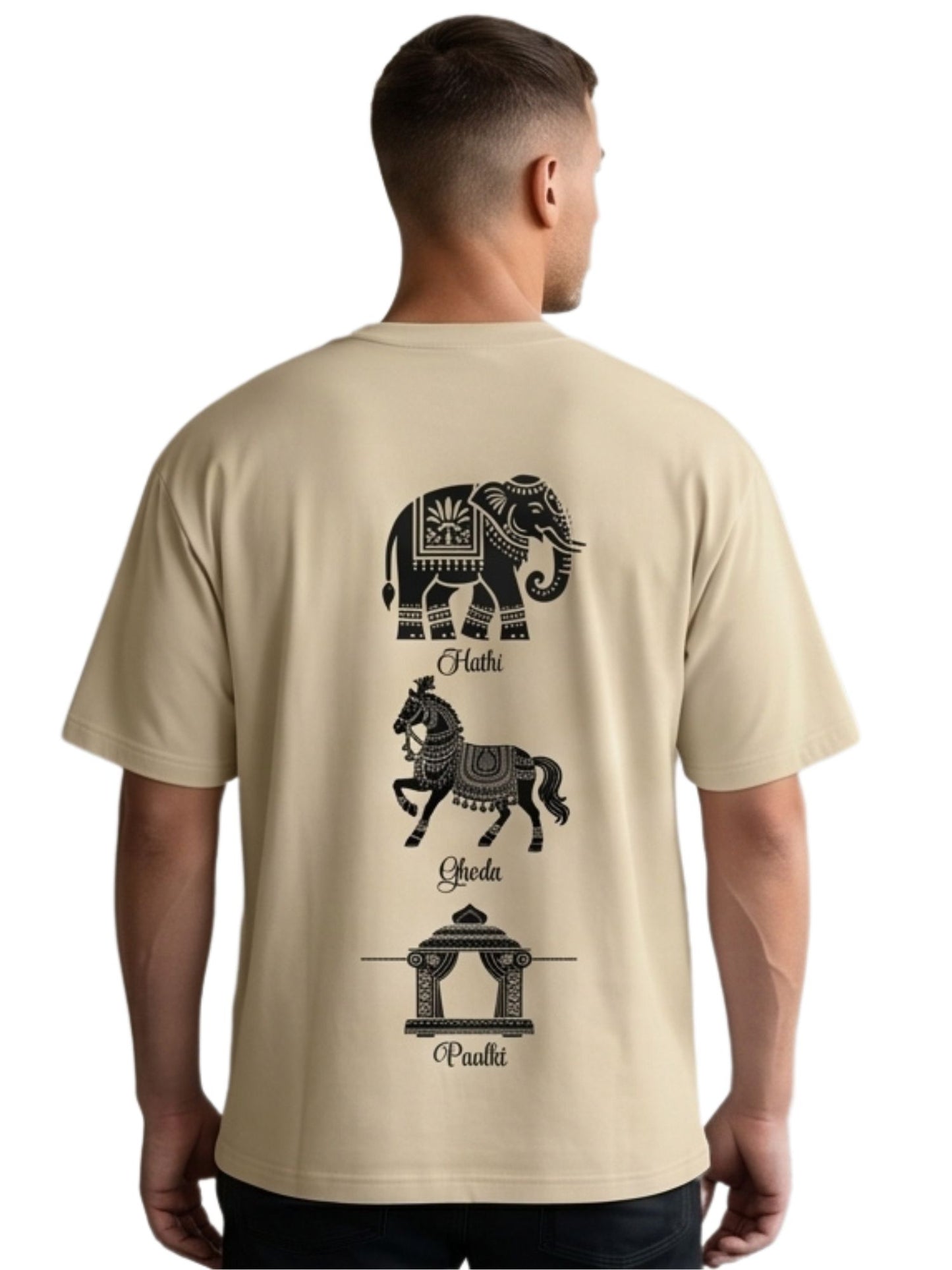 Dunbond label White Oversize T-Shirt // Hathi, Ghoda and palki