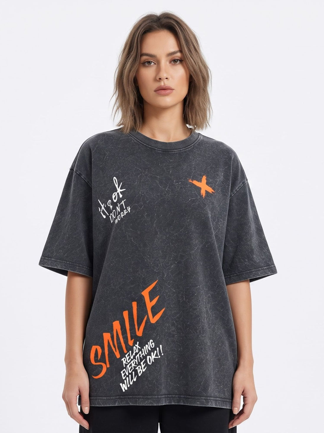 Dunbond Label Smile Typography Graphic Acid washed Oversized T-Shirt for Unisex