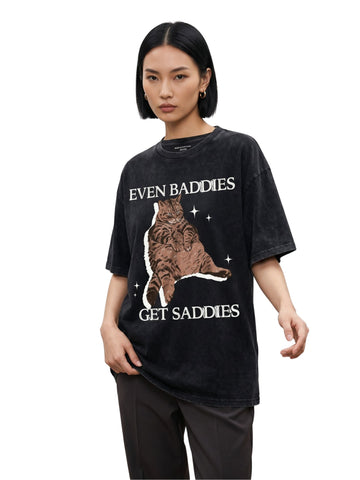 Dunbond Label "Even Baddies Get Saddies" Acid Washed Oversized T-Shirt For Female