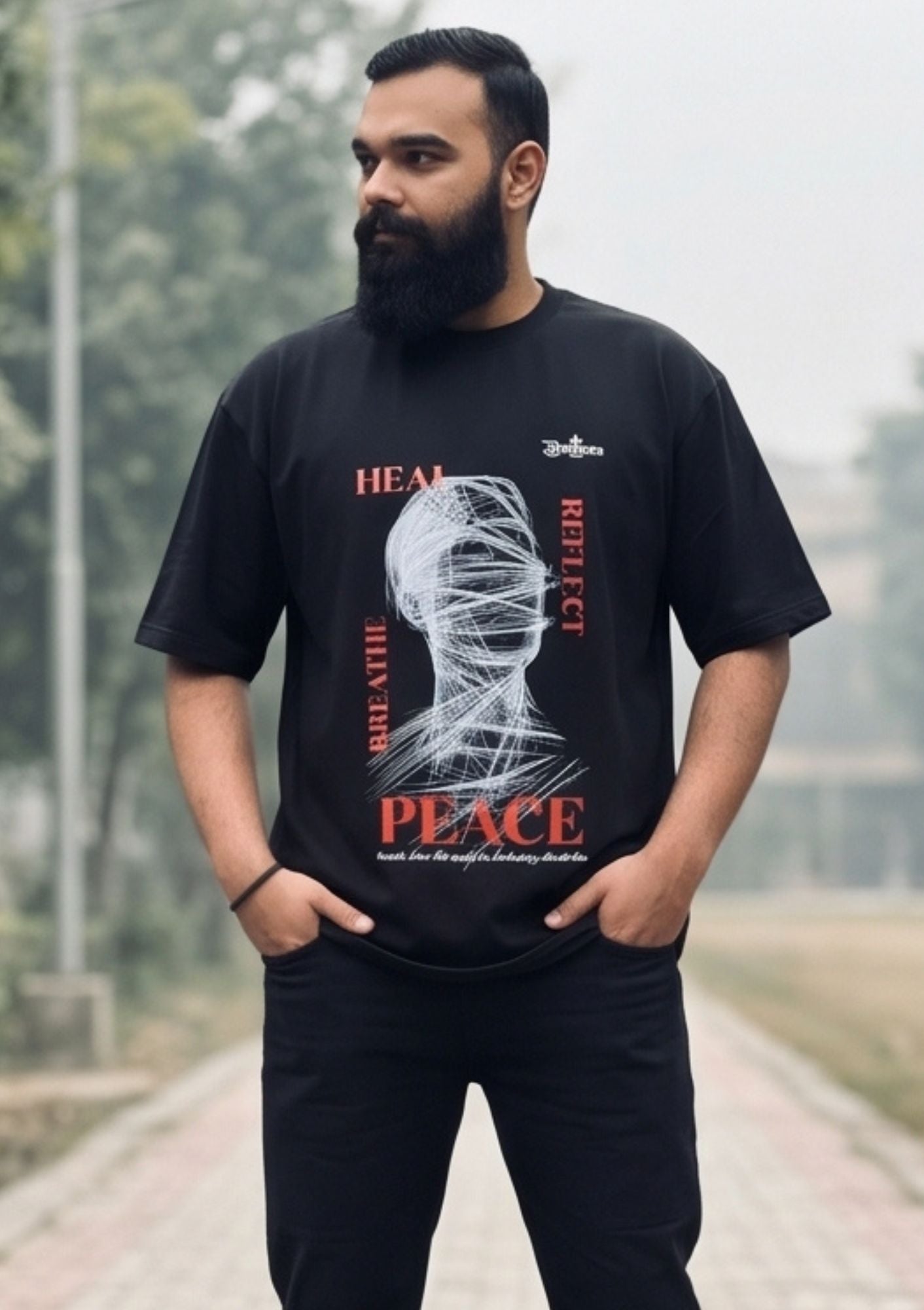 Dunbond label Black frnch terry cotton T-Shirt// Heal & peace Graphic