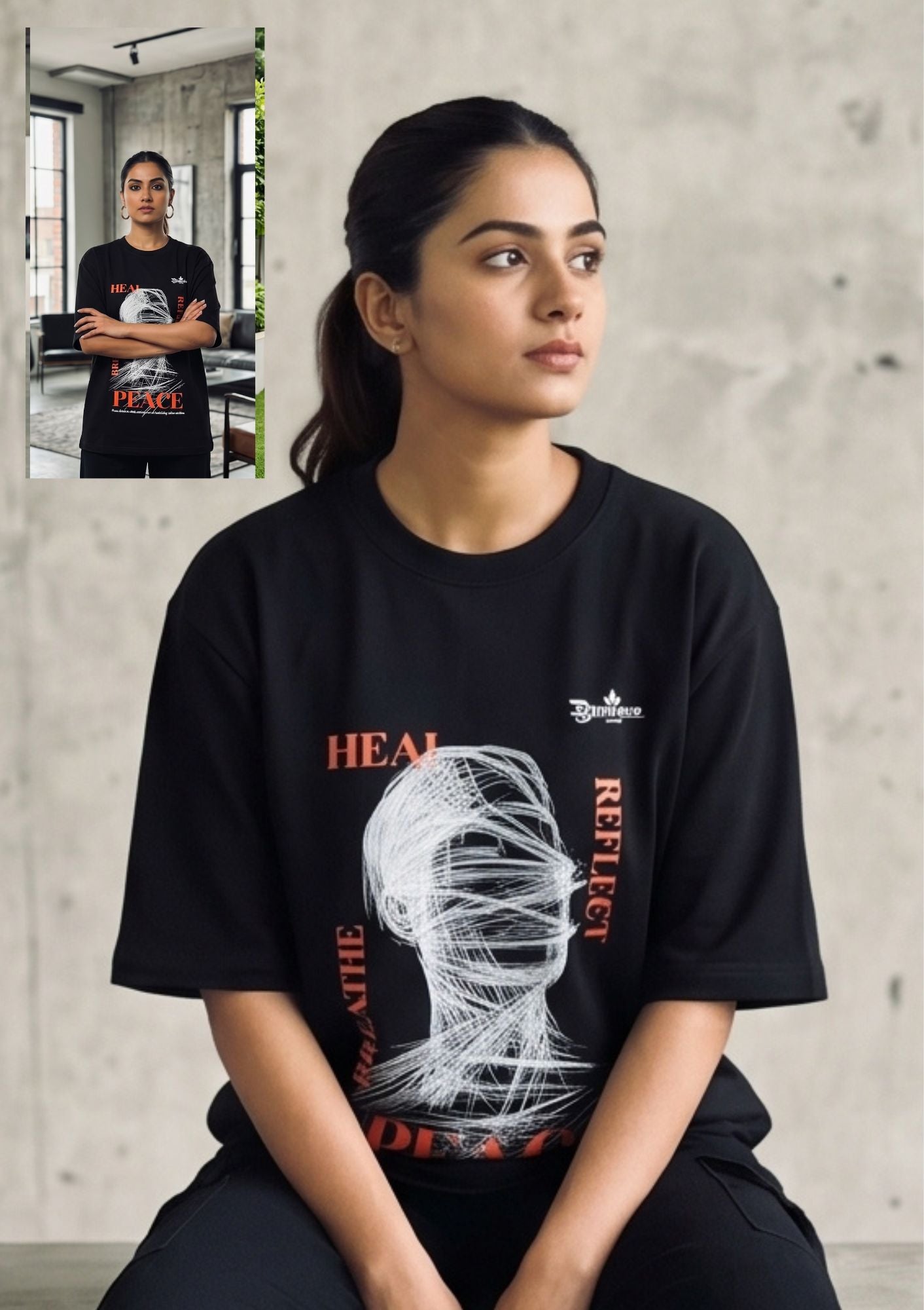 Dunbond label Black frnch terry cotton T-Shirt// Heal & peace Graphic