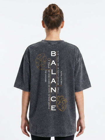 Dunbond Label "Balance" Graphic Acid Washed Oversized T-Shirt for Women