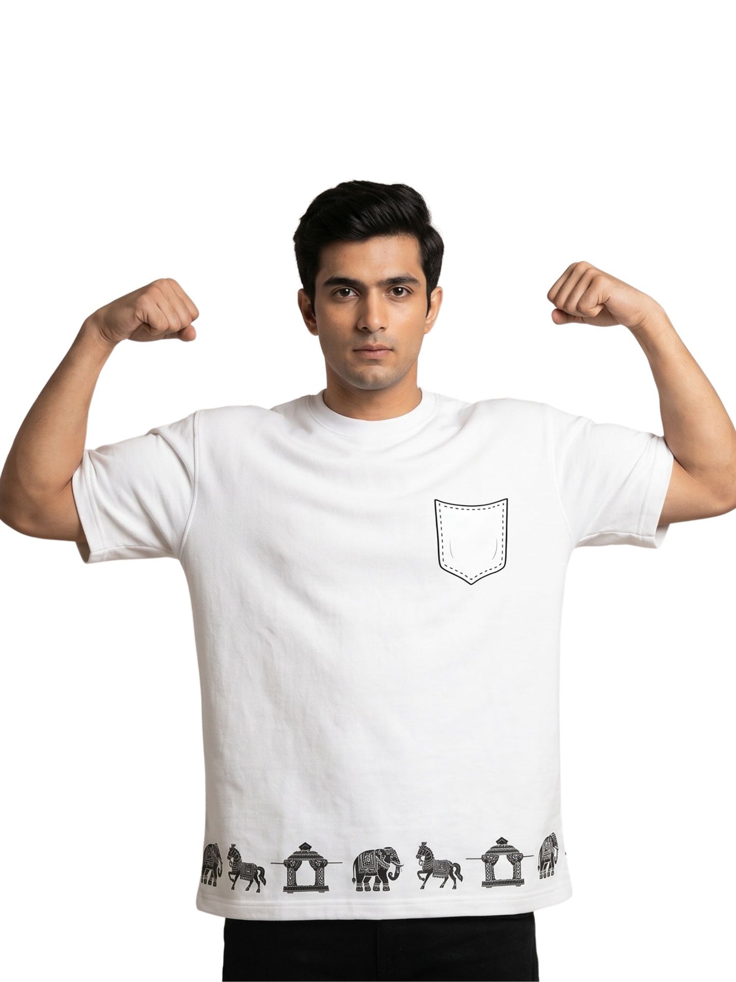 Dunbond label White Oversize T-Shirt // Hathi, Ghoda and palki