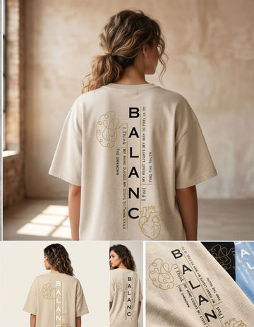 Beige and pastel blue Oversized T-Shirt// Typography BALANCED between Mind and Heart