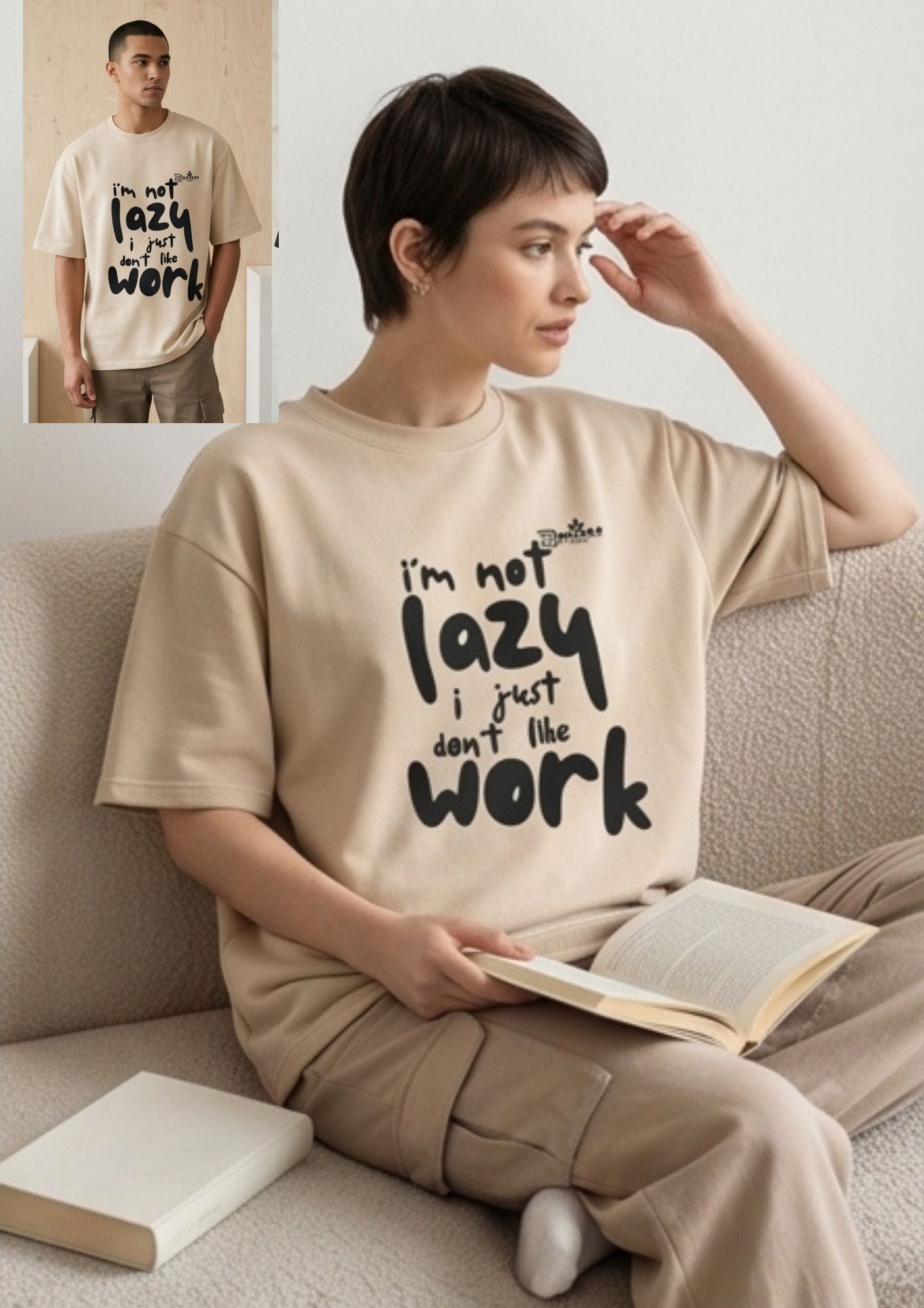 Dunbond label White Oversize T-Shirt//I am not lazy Typography
