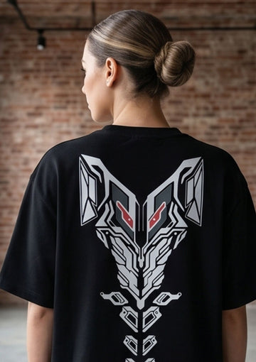 Oversize French terry cotton Black T-Shirt/ Back Transformer Printed Women