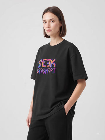 Dunbond Label "SEEK DISKOMFORT" Graphic Oversized French Terry T-Shirt   for female
