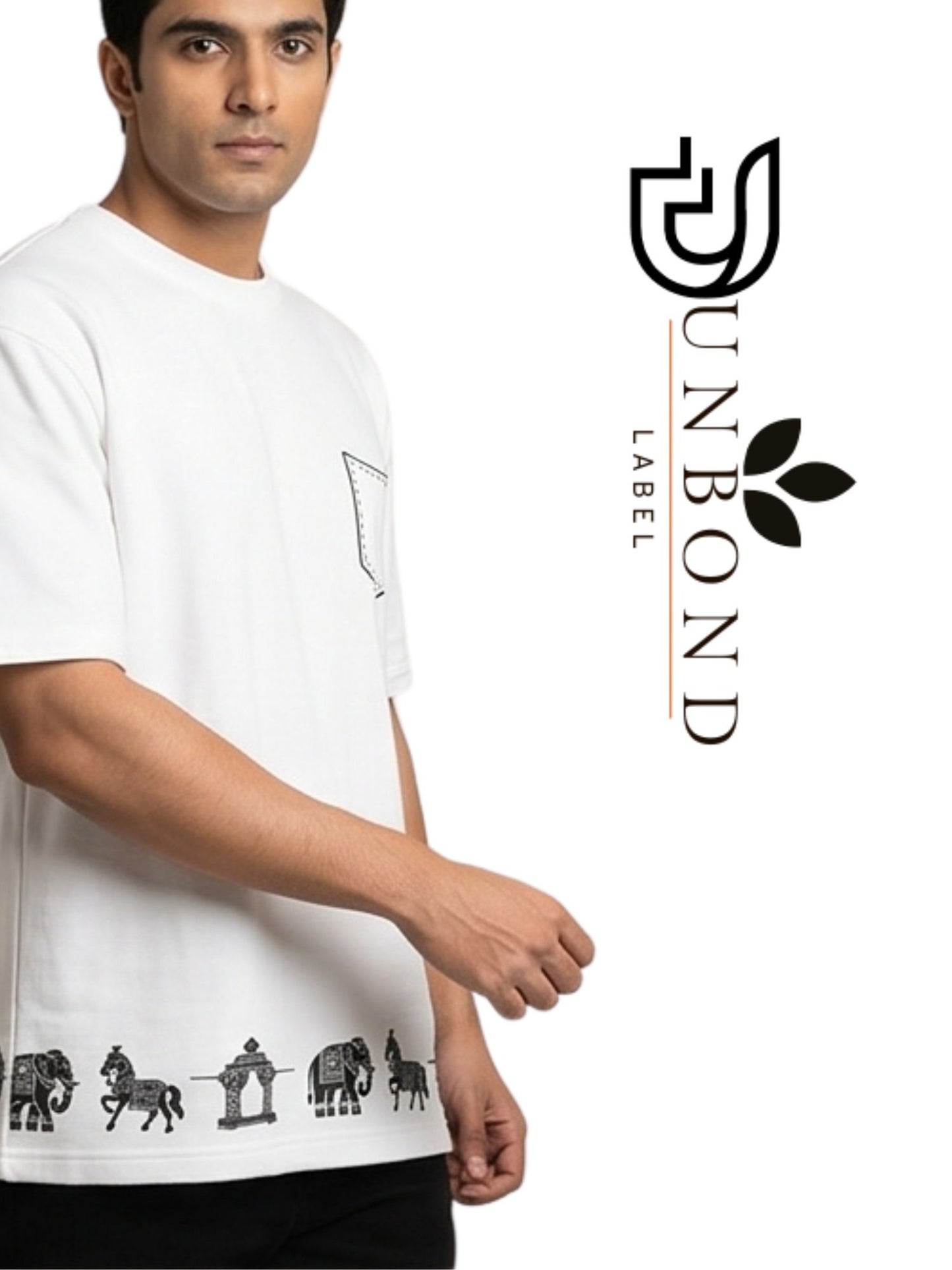 Dunbond label White Oversize T-Shirt // Hathi, Ghoda and palki