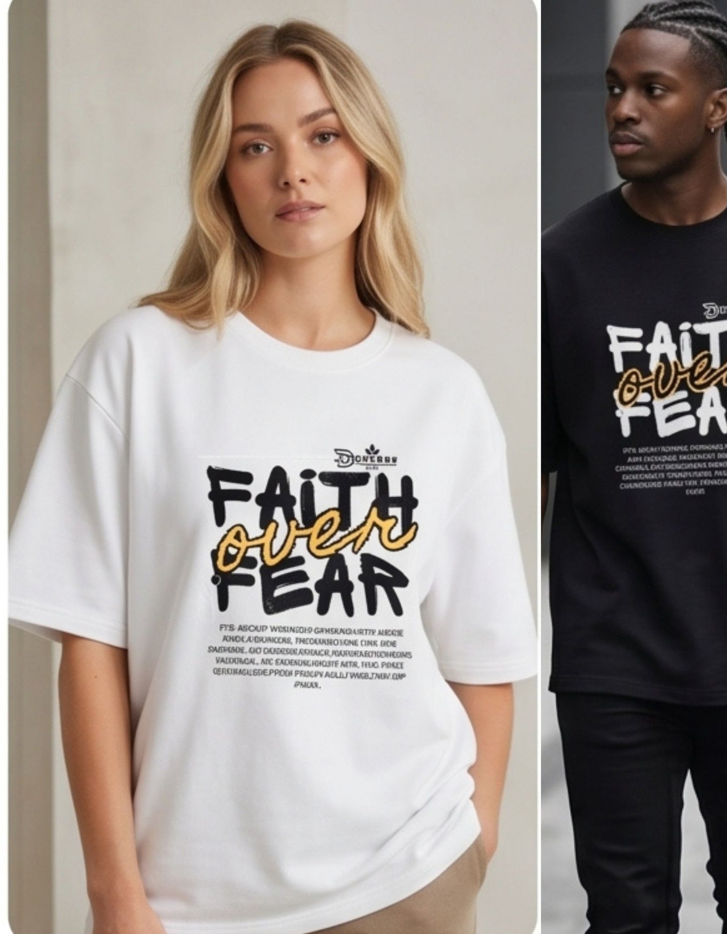 Dunbond label Black and white Oversize T-Shirt // Faith over Fear typography