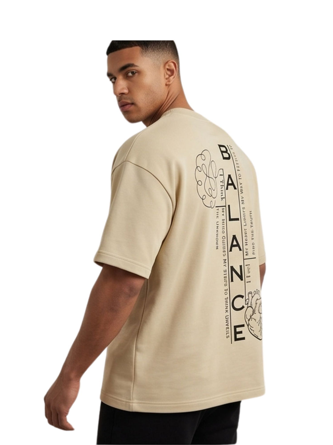 Beige and pastel blue Oversized T-Shirt// Typography BALANCED between Mind and Heart