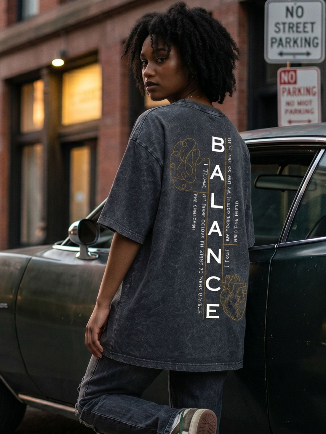 Dunbond Label "Balance" Graphic Acid Washed Oversized T-Shirt for Women