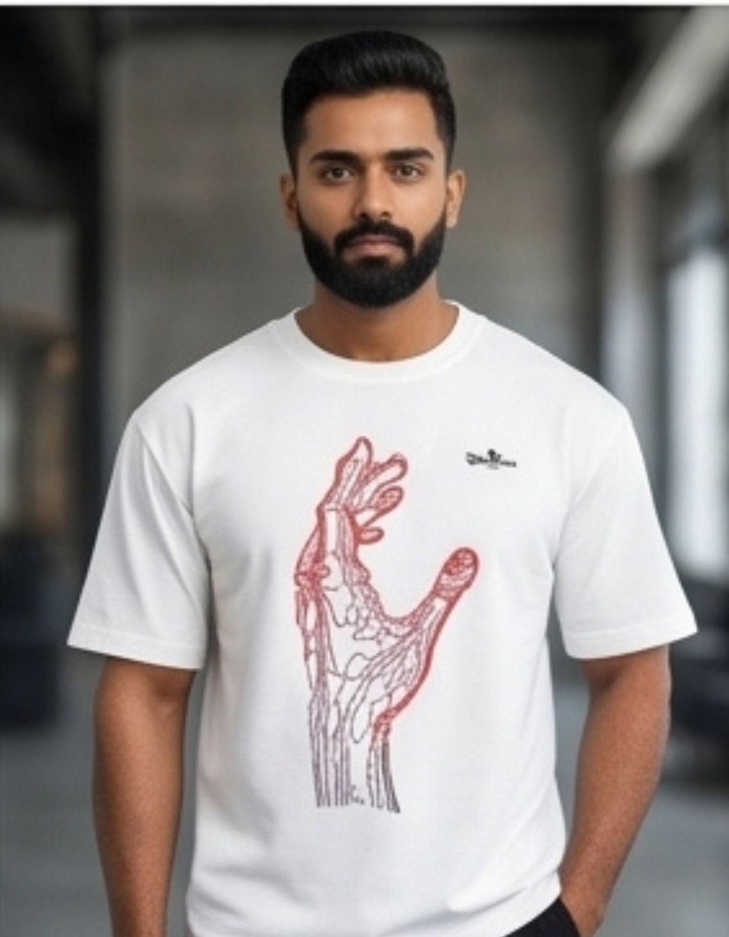 Dunbond label White Oversize T-Shirt// Front hand graphic