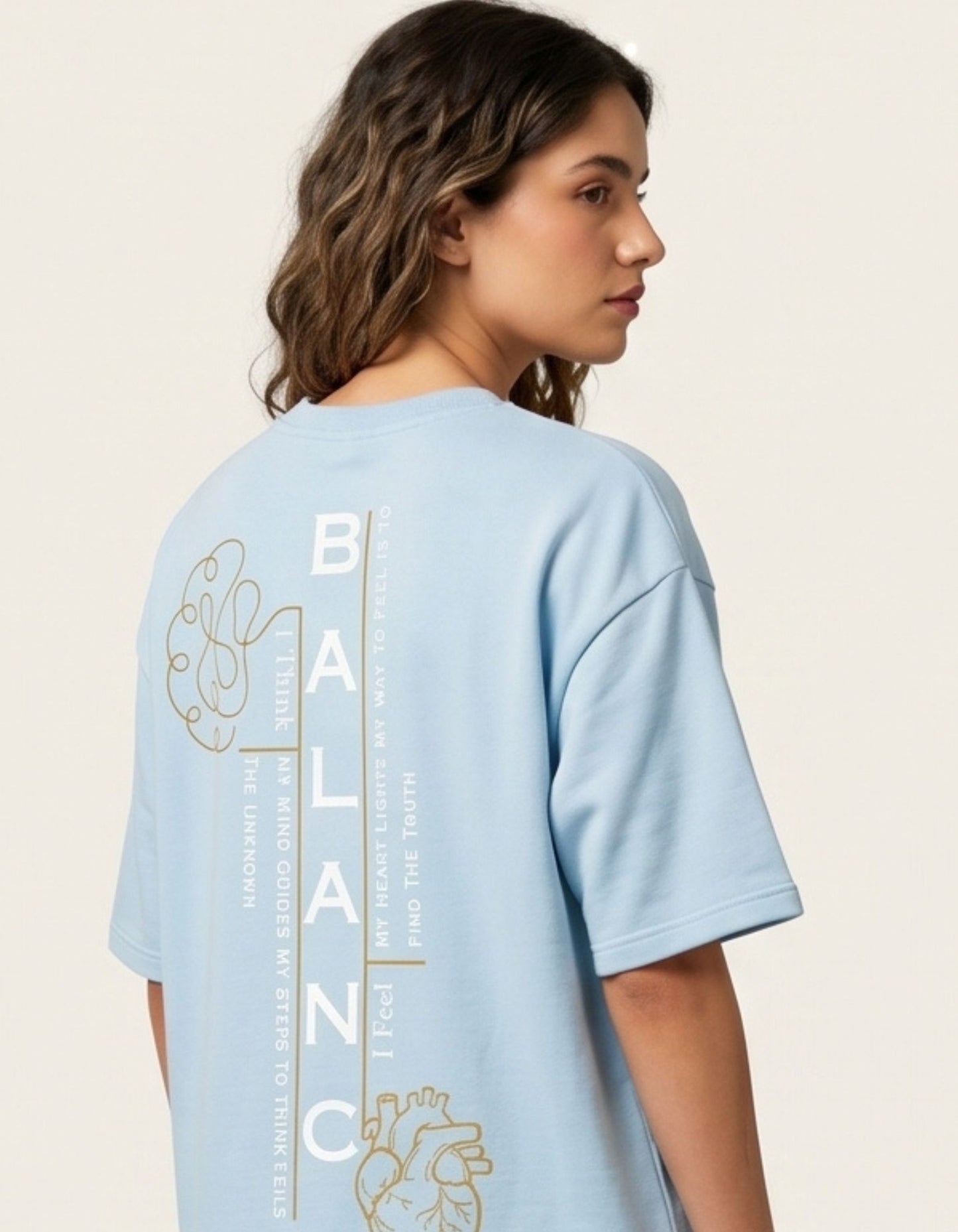 Dunbond label Beige and pastel blue Oversized T-Shirt// Typography BALANCED between Mind and Heart