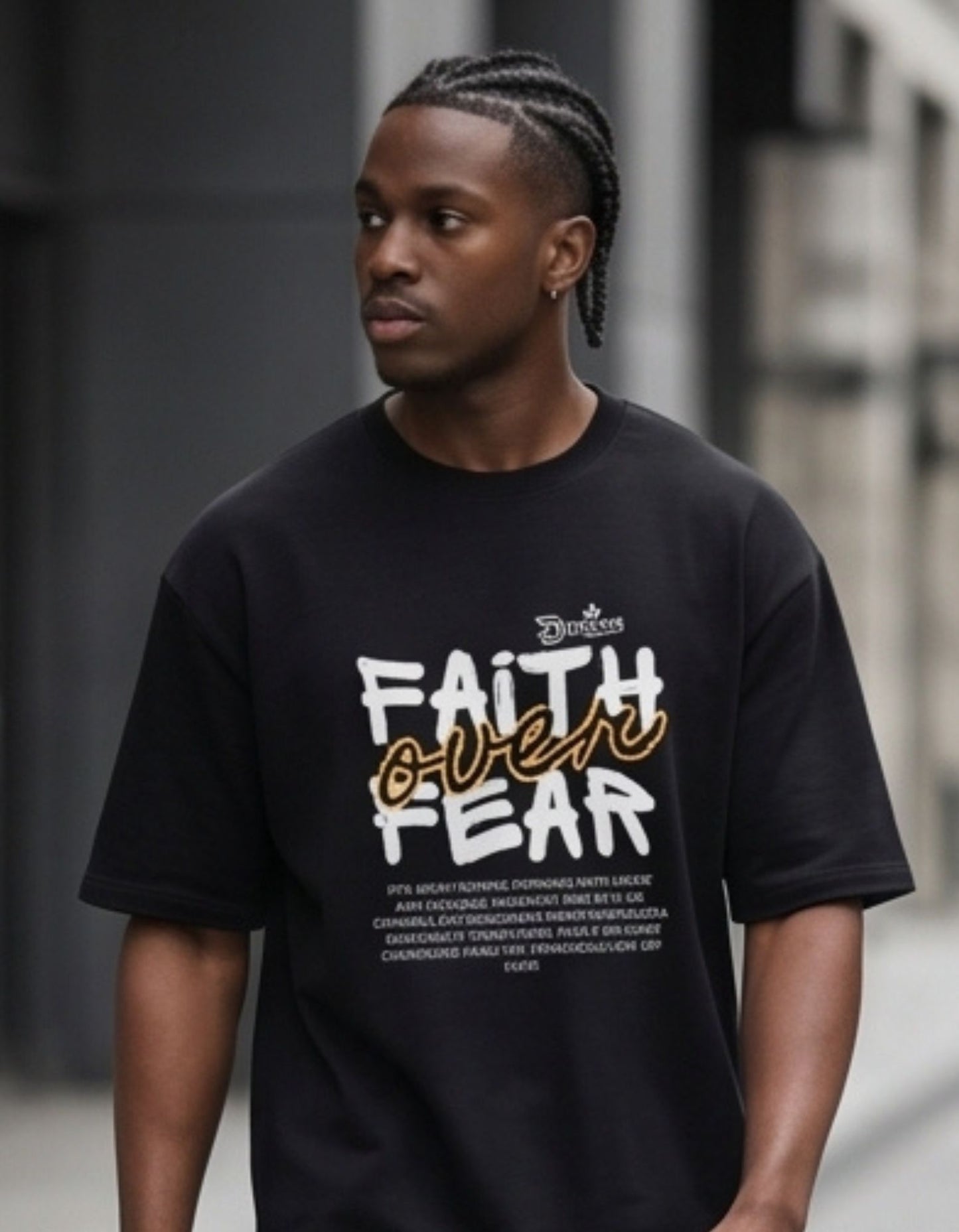 Dunbond label Black and white Oversize T-Shirt // Faith over Fear typography