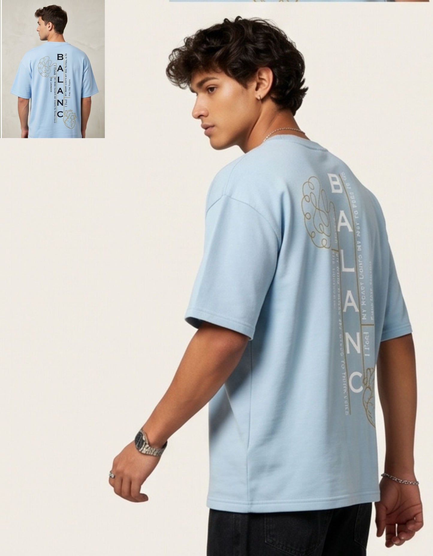 Dunbond label Beige and pastel blue Oversized T-Shirt// Typography BALANCED between Mind and Heart
