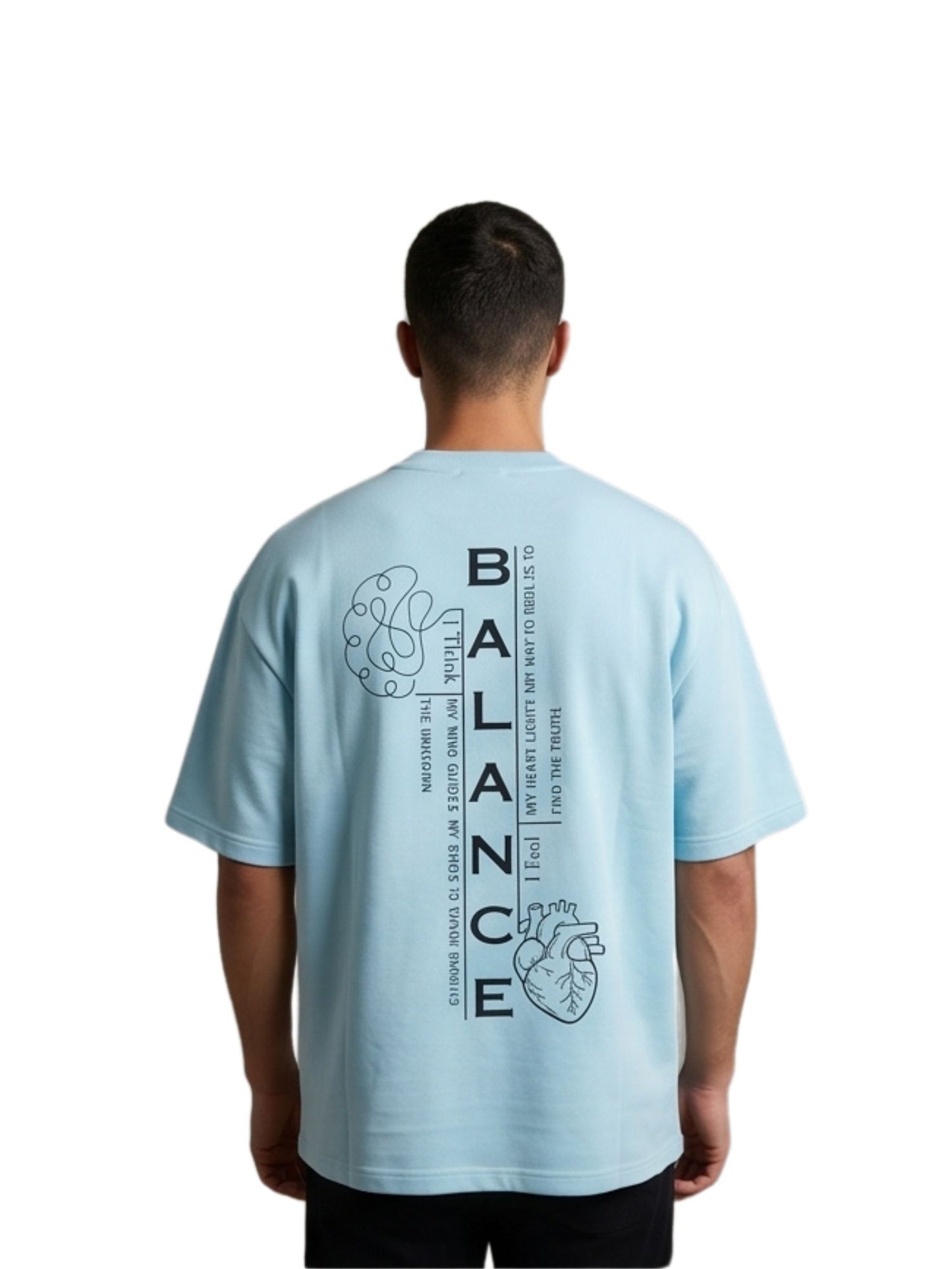 Dunbond label Beige and pastel blue Oversized T-Shirt// Typography BALANCED between Mind and Heart