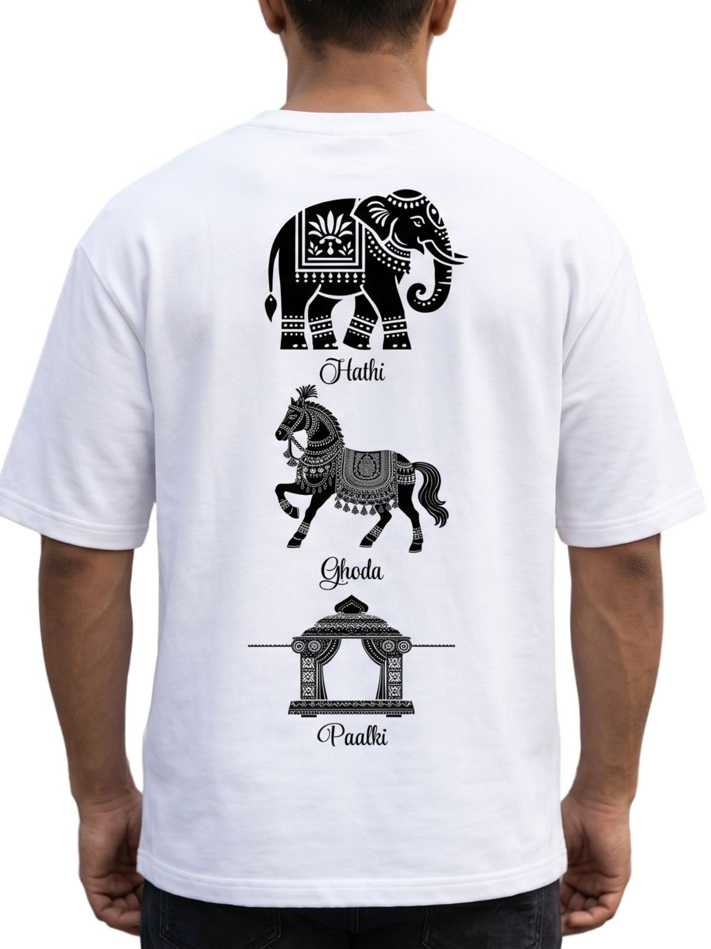 Dunbond label White Oversize T-Shirt // Hathi, Ghoda and palki
