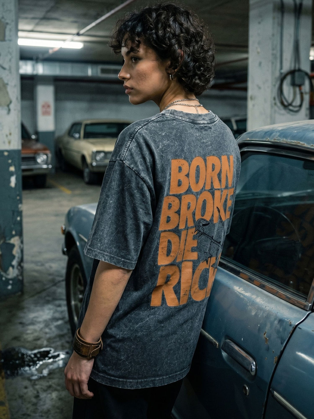Dunbond Label "Born Broke Die Rich" Acid Washed Oversized T-Shirt for Women