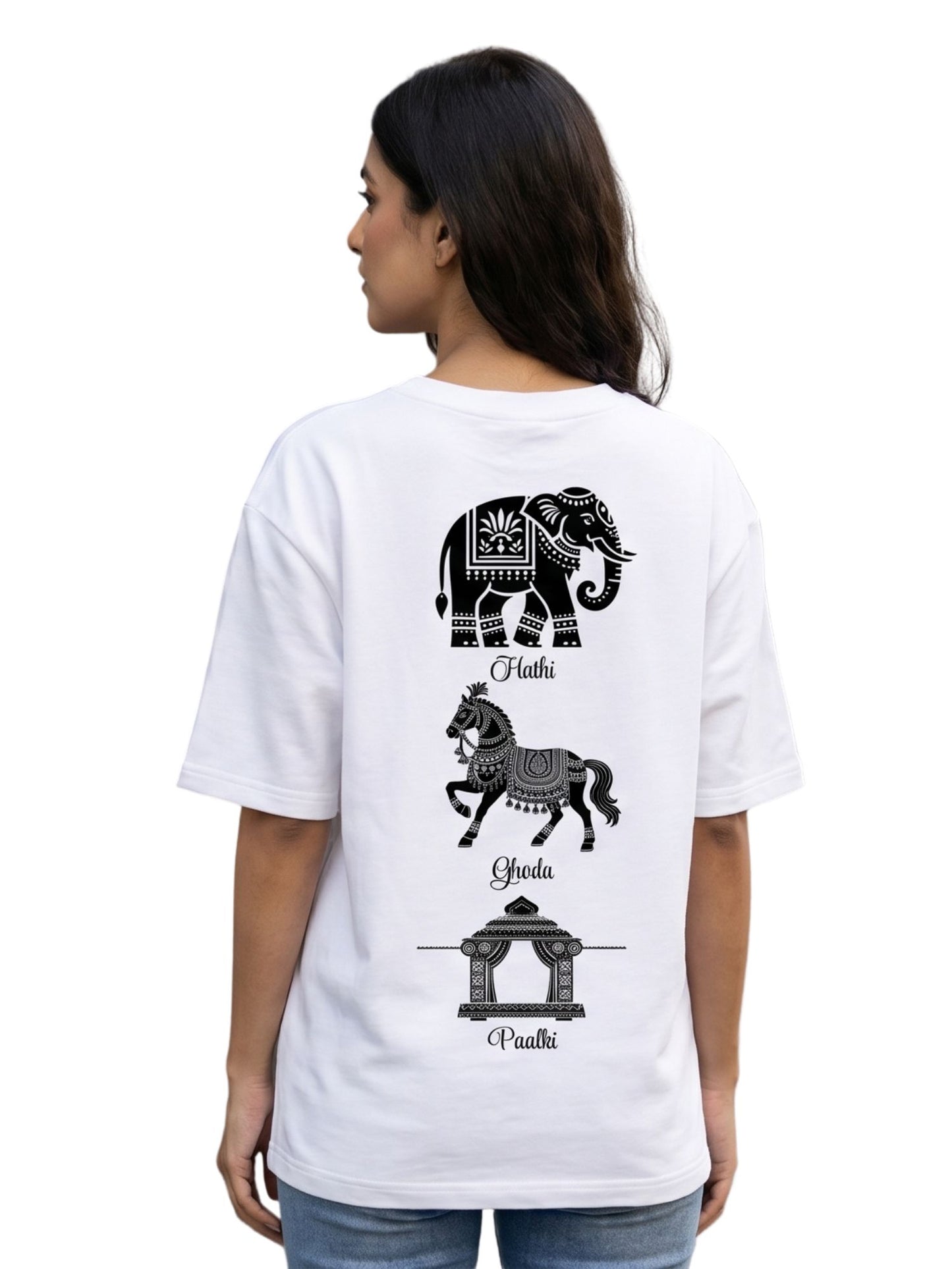 Dunbond label White Oversize T-Shirt // Hathi, Ghoda and palki