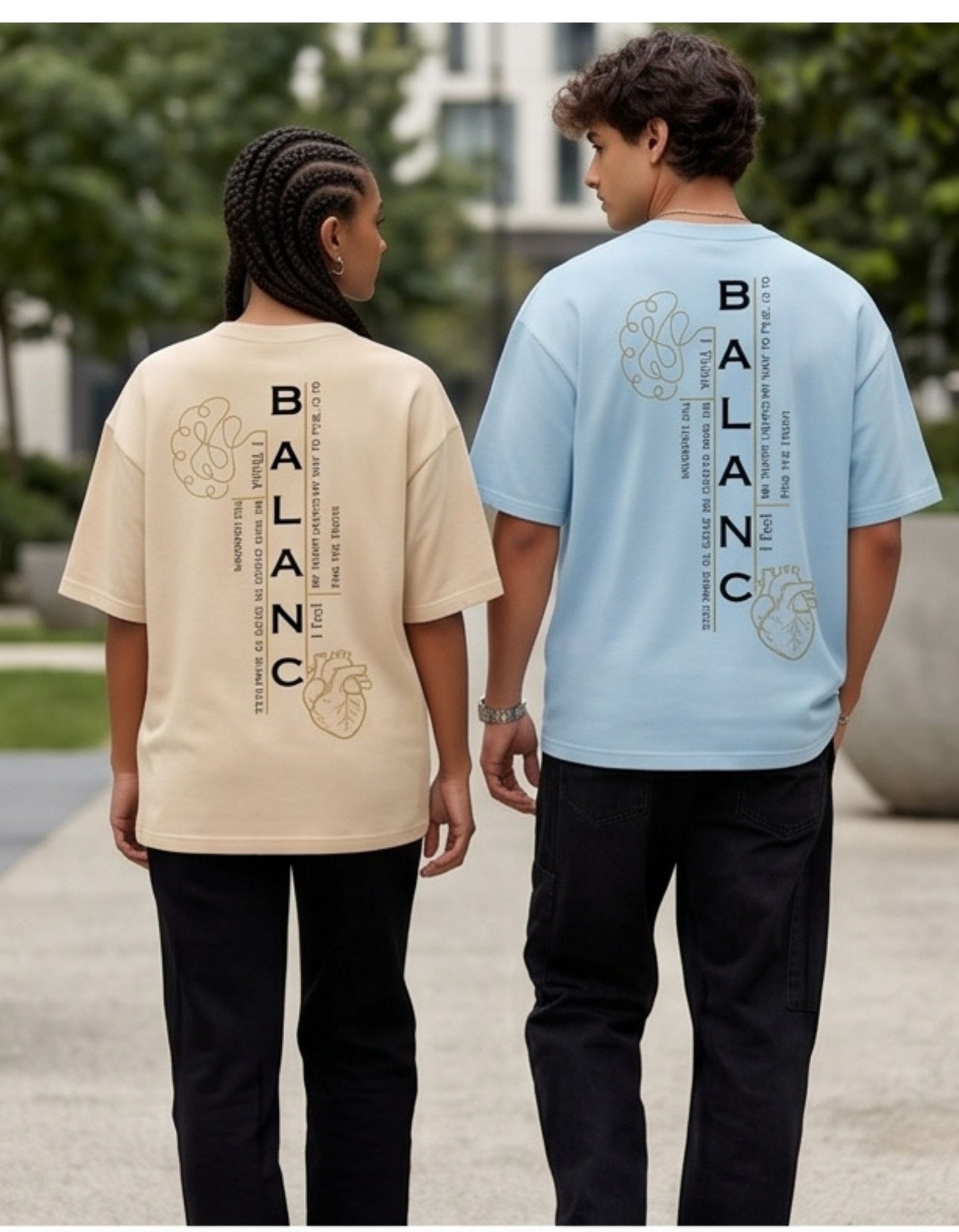 Dunbond label Beige and pastel blue Oversized T-Shirt// Typography BALANCED between Mind and Heart