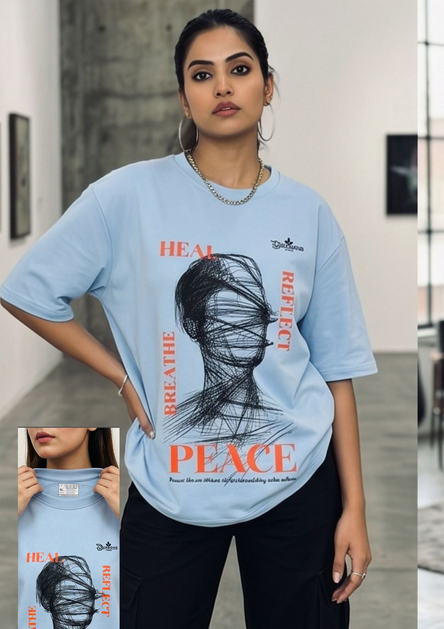 Dunbond label Black frnch terry cotton T-Shirt// Heal & peace Graphic