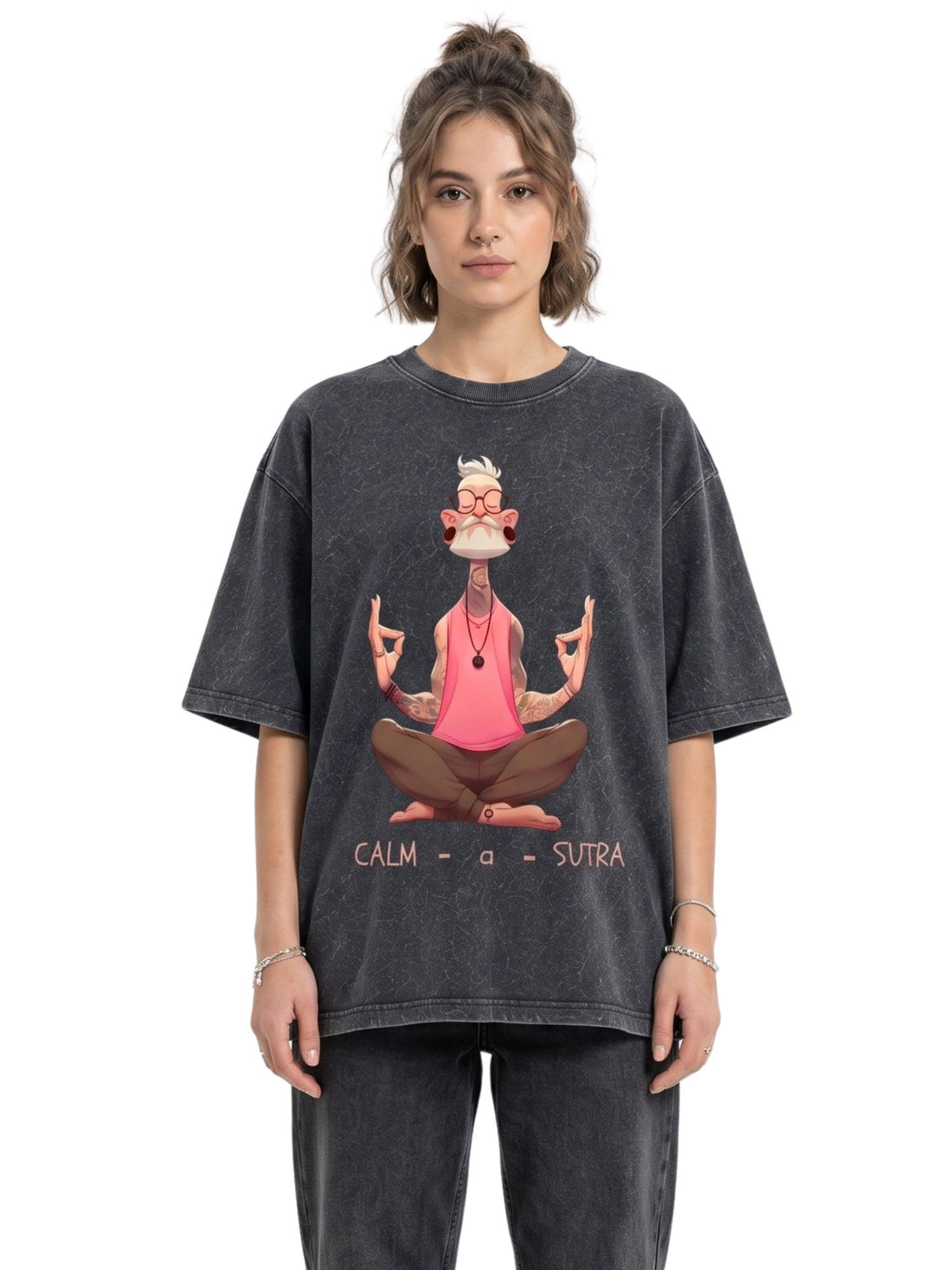 Dunbond Label "Calm-a-Sutra" Graphic Acid Washed Oversized T-Shirt for Women