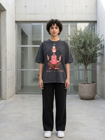 Dunbond Label "Calm-a-Sutra" Graphic Acid Washed Oversized T-Shirt for Women