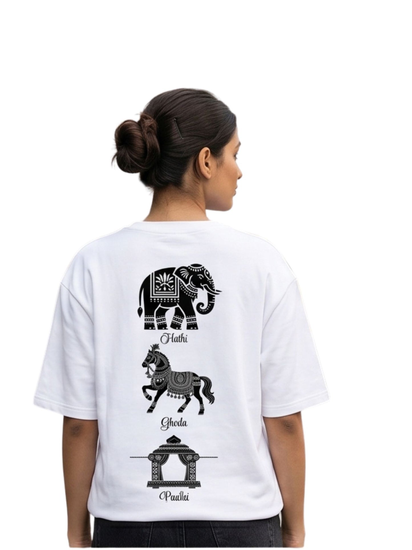 Dunbond label White Oversize T-Shirt // Hathi, Ghoda and palki